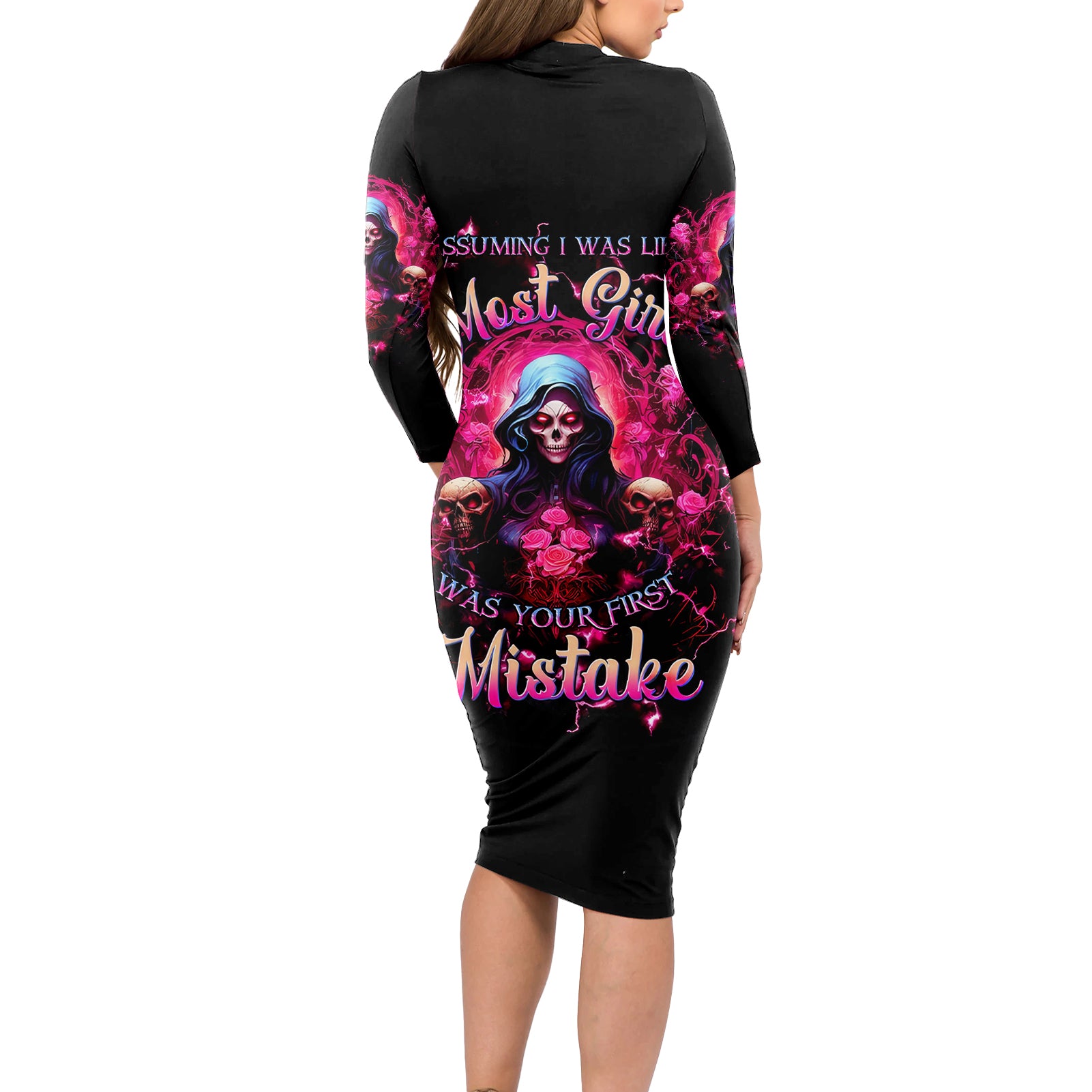 Rose Skull Long Sleeve Bodycon Dress I Hold A Beast An Angel And A Crazy Lady In Me