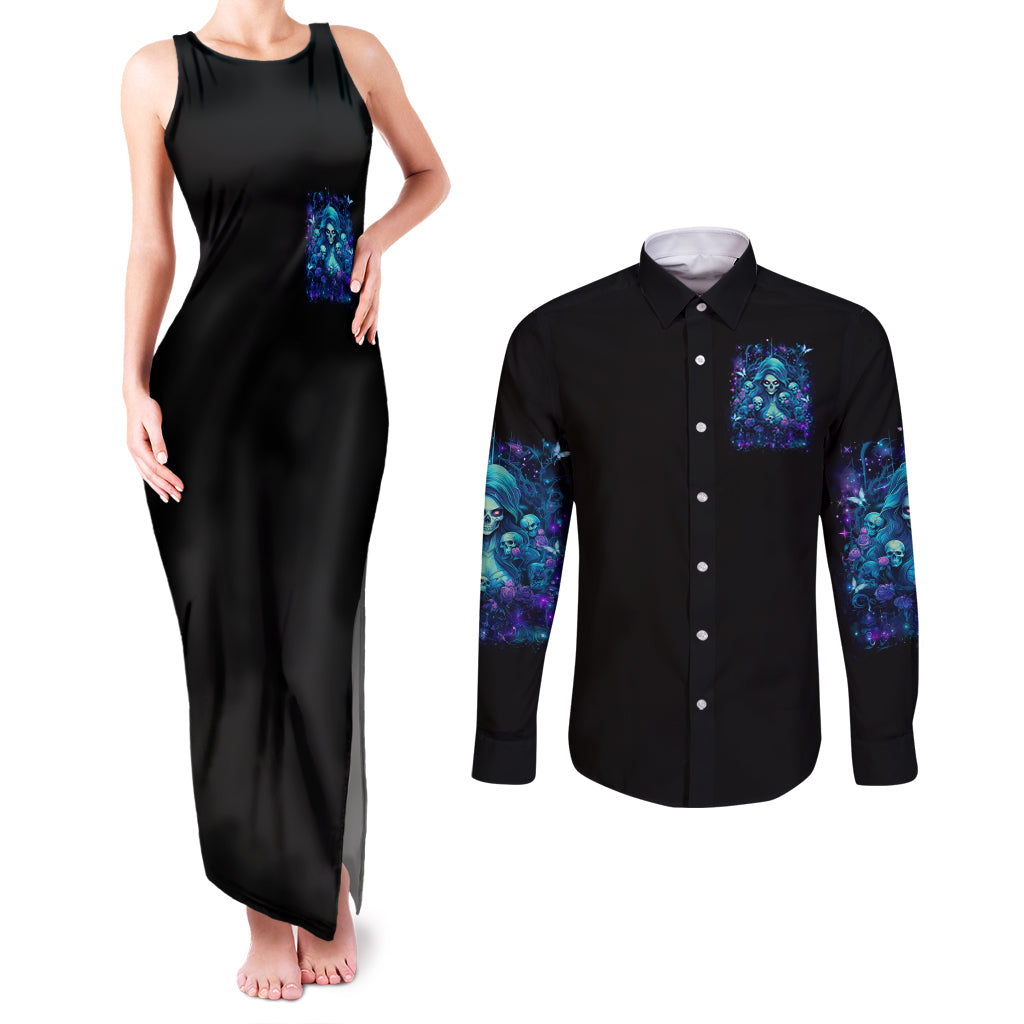 Flame Skull Couples Matching Tank Maxi Dress and Long Sleeve Button Shirt If You Kick Me When I'm Down You Better Pray I Don't Get Up