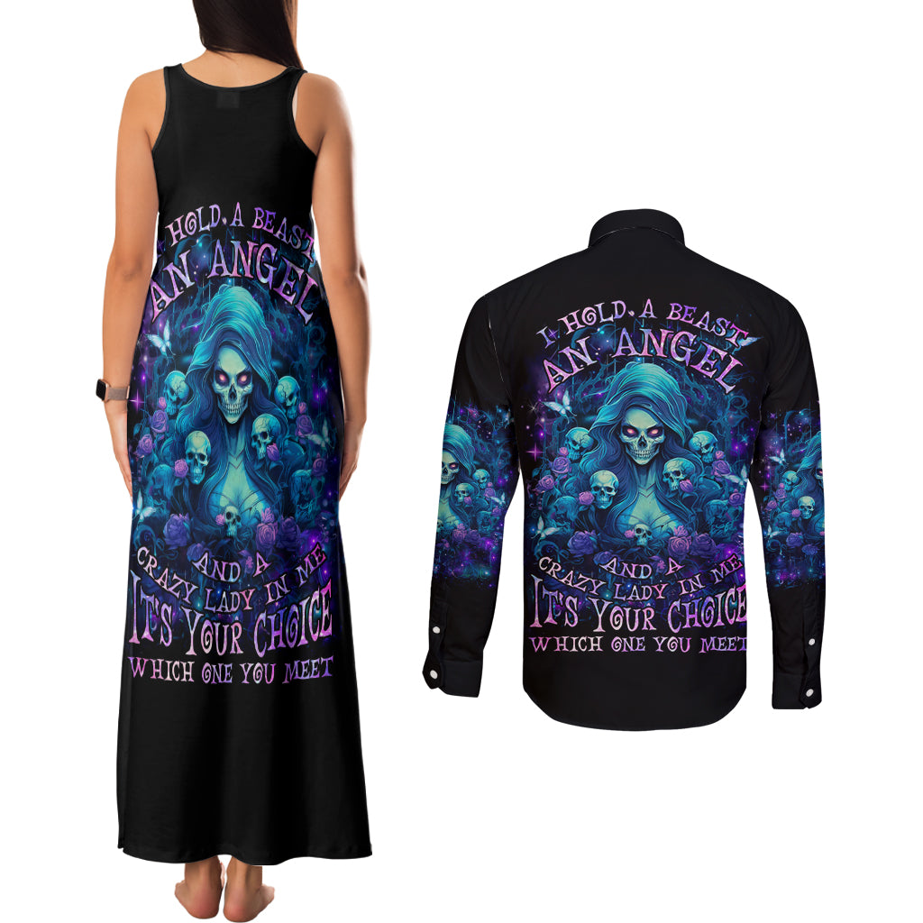 Flame Skull Couples Matching Tank Maxi Dress and Long Sleeve Button Shirt If You Kick Me When I'm Down You Better Pray I Don't Get Up
