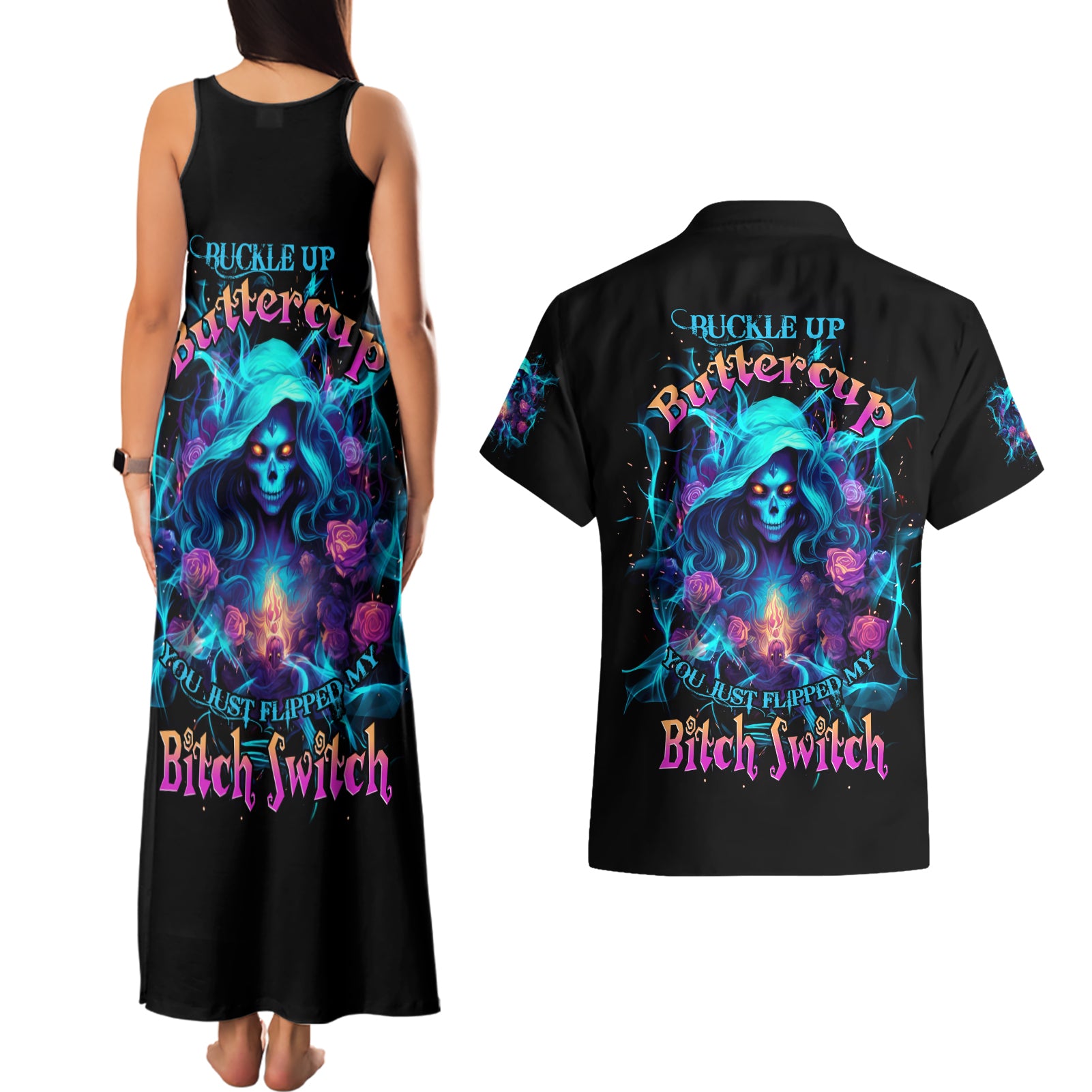 Witch Skull Couples Matching Tank Maxi Dress and Hawaiian Shirt I'm A Good Person But Don't Give Me A Reason To Show My Evel Side