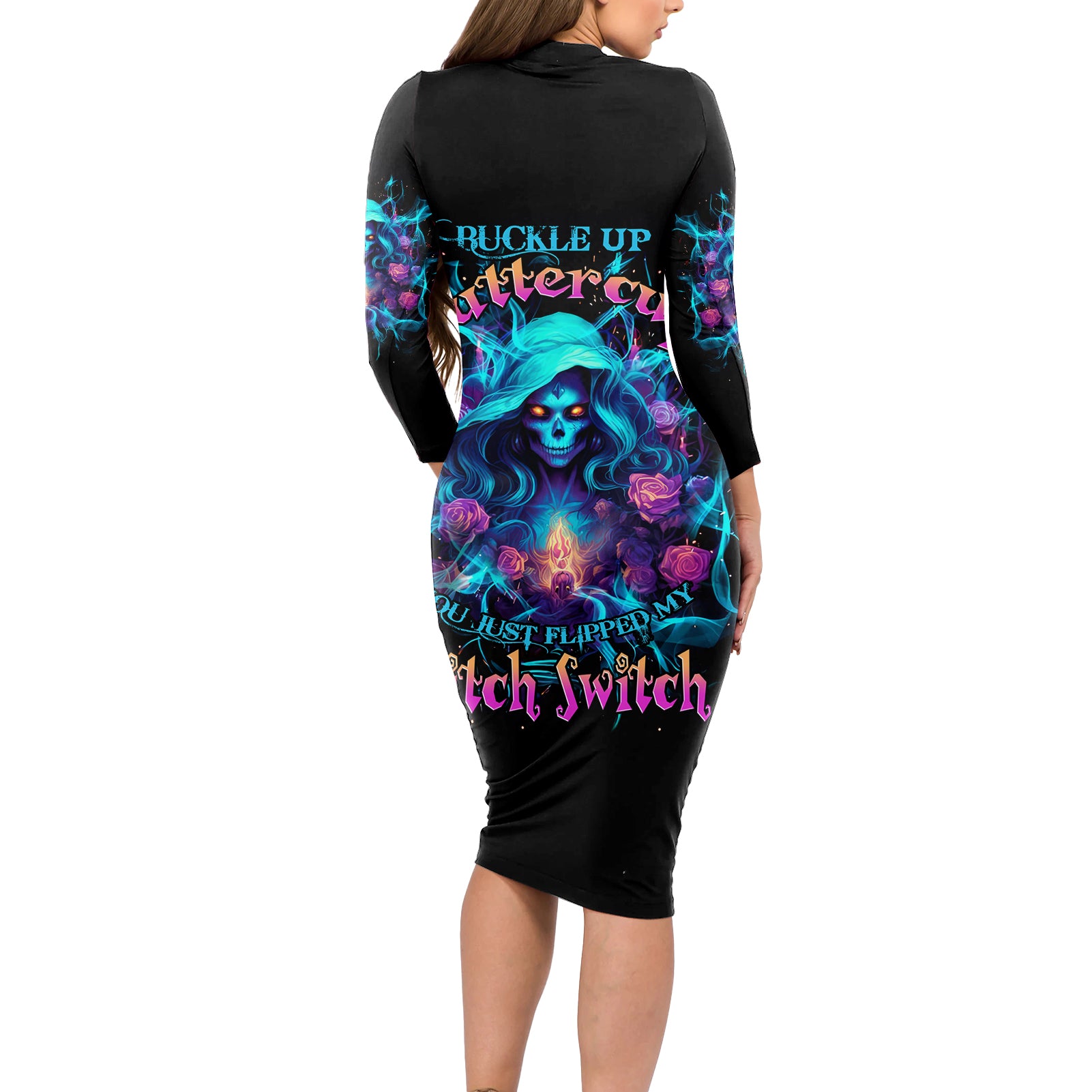 Witch Skull Long Sleeve Bodycon Dress I'm A Good Person But Don't Give Me A Reason To Show My Evel Side