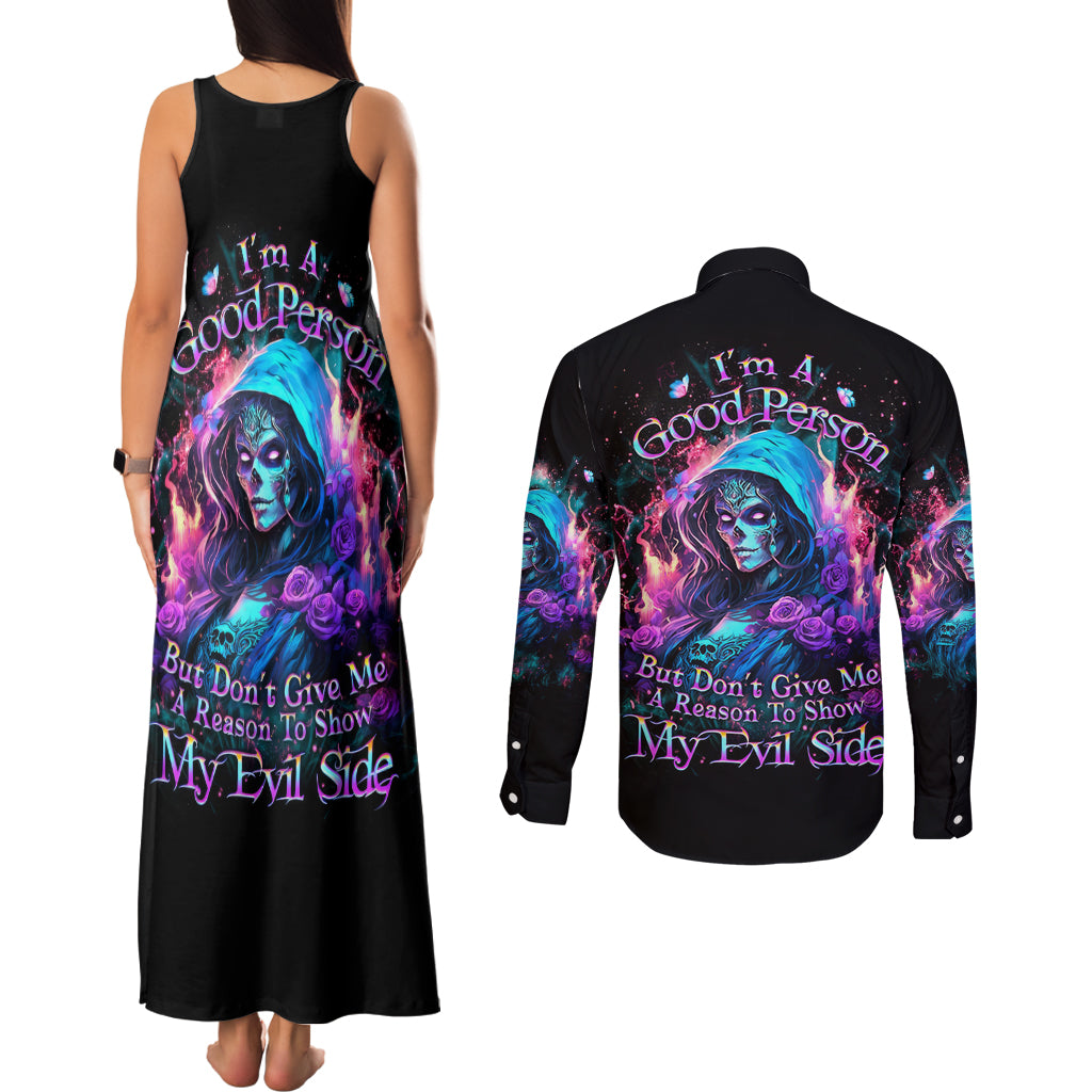 Lady Skull Couples Matching Tank Maxi Dress and Long Sleeve Button Shirt The Good Girl In Me Got Tired Of The Bullshit