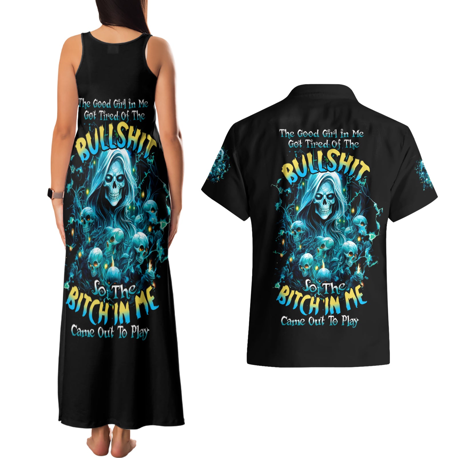 Irsh Girl Skull Couples Matching Tank Maxi Dress and Hawaiian Shirt Drink Up Bitch