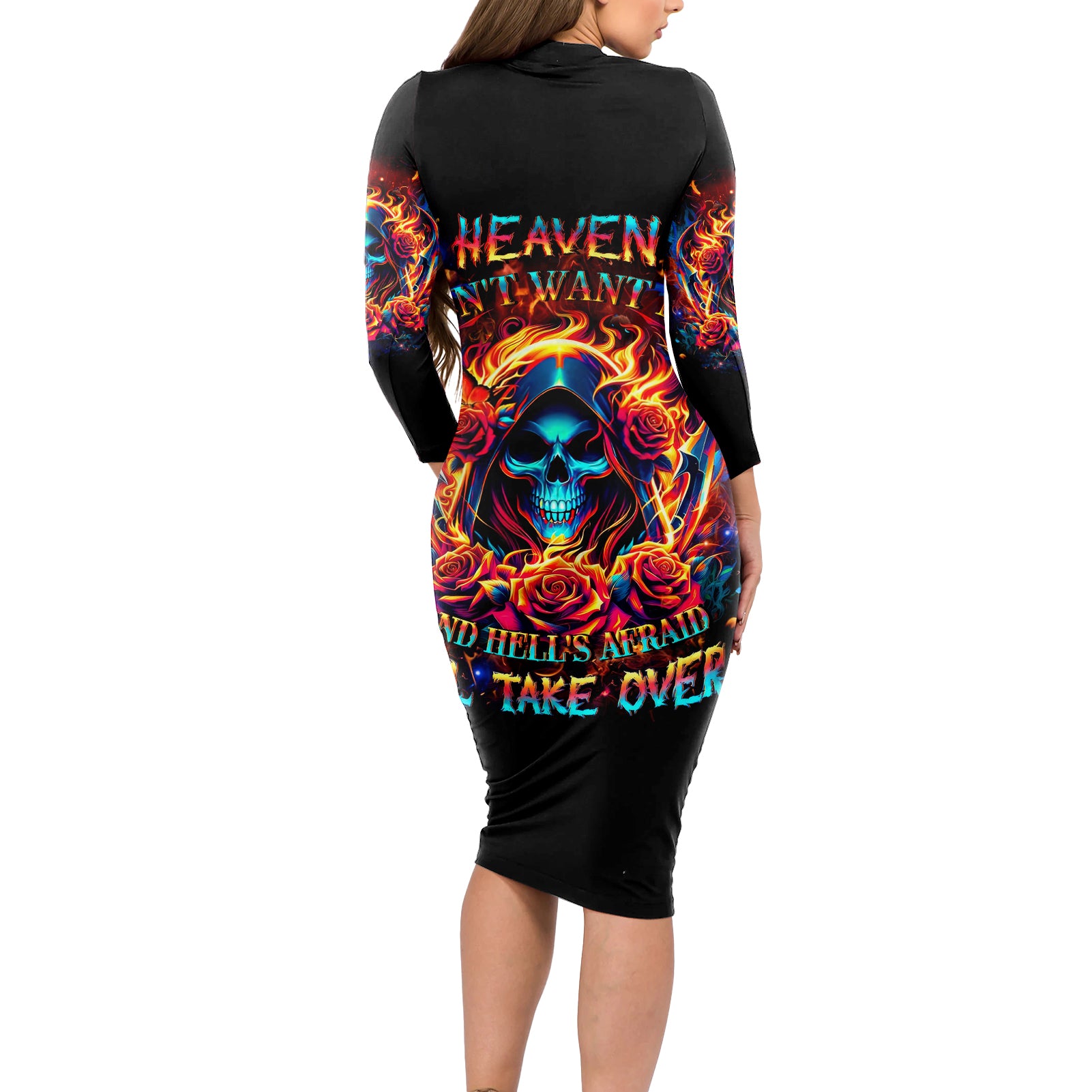 Flame Skull Long Sleeve Bodycon Dress Heaven Don't Want Me And Hell's Afraid I'll Take Over