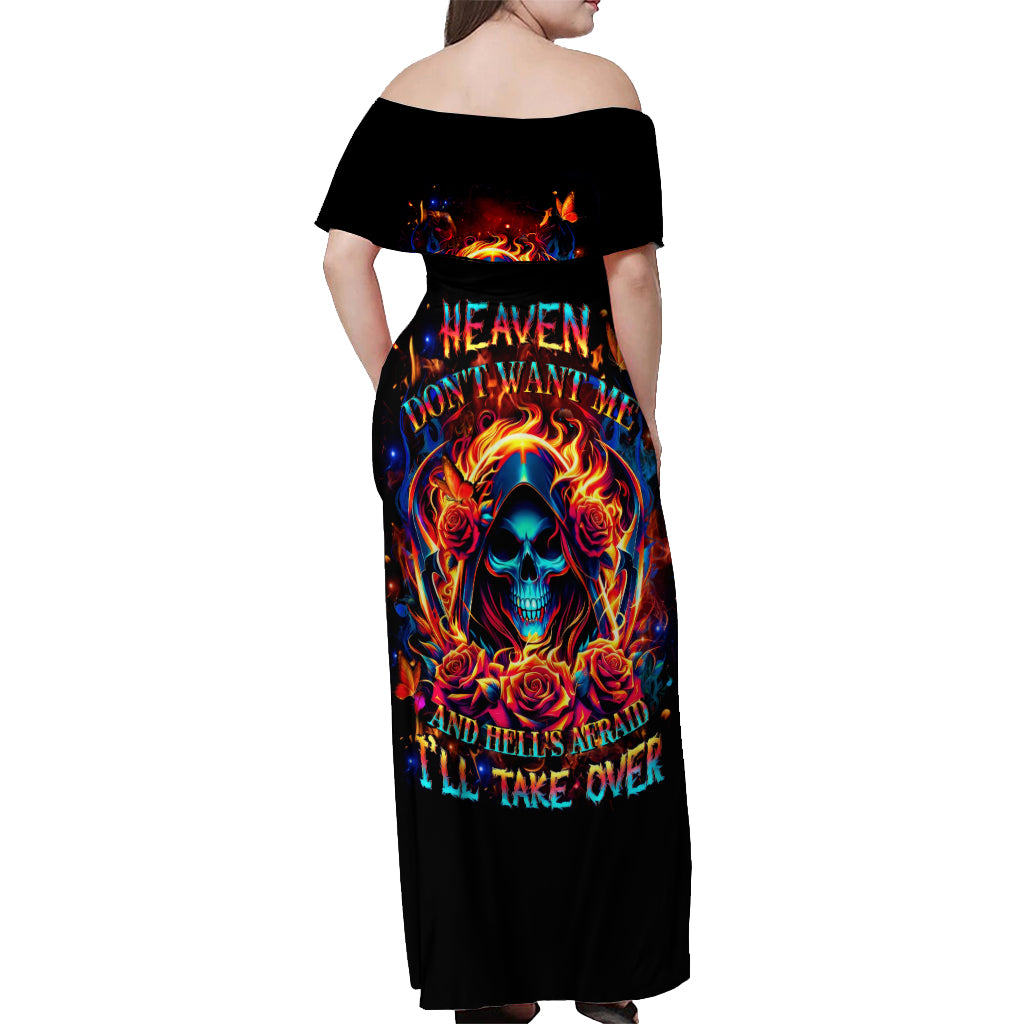 Flame Skull Off Shoulder Maxi Dress Heaven Don't Want Me And Hell's Afraid I'll Take Over