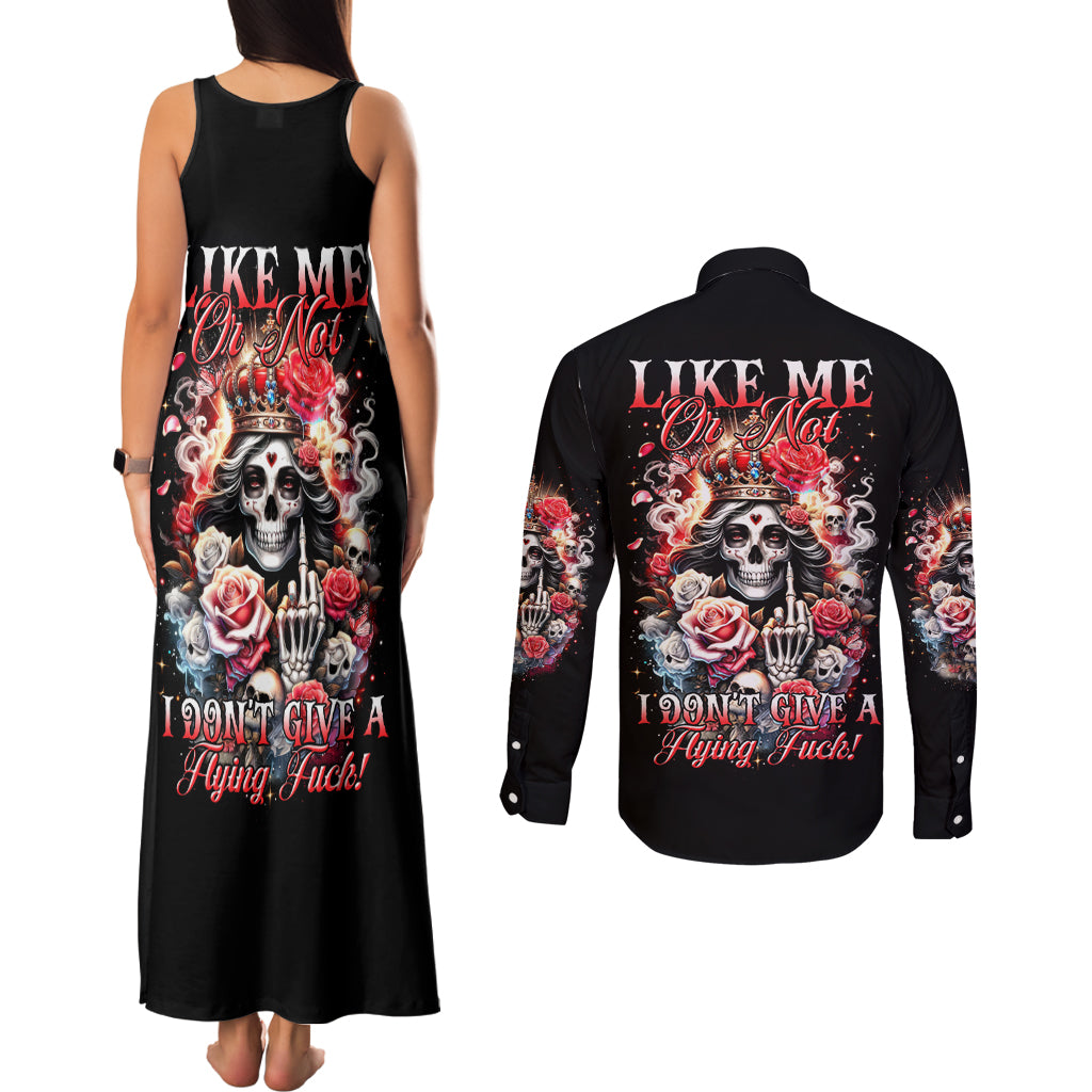 Rose Skull Couples Matching Tank Maxi Dress and Long Sleeve Button Shirt Like Me Or Not I Don't Give A Flying Fuck