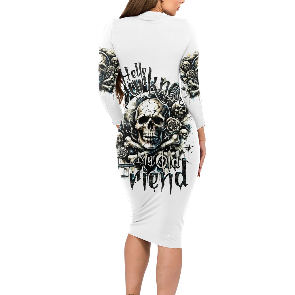 Black Skull Long Sleeve Bodycon Dress Hello Darkness My Old Friend