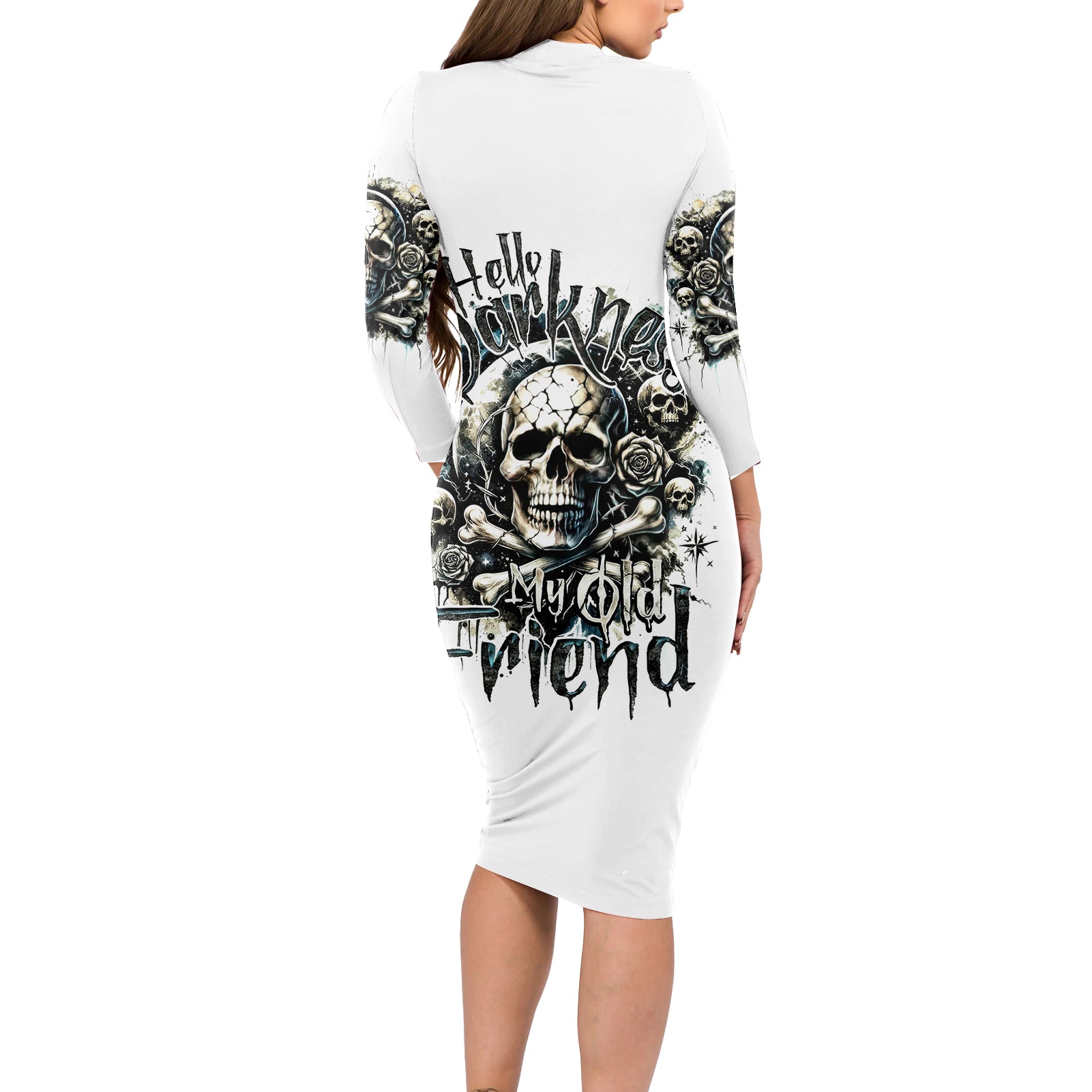 Black Skull Long Sleeve Bodycon Dress Hello Darkness My Old Friend