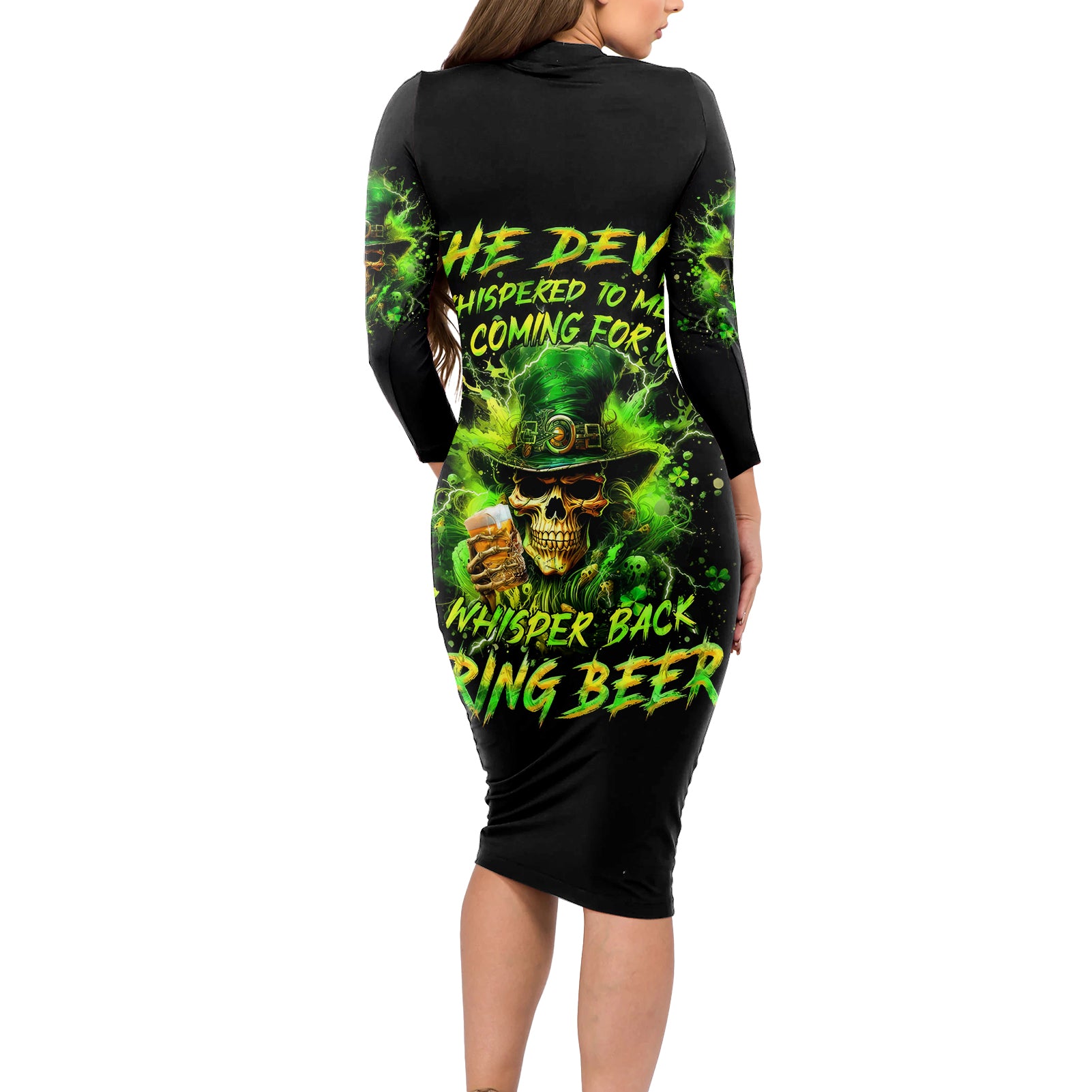 Irish Skull Long Sleeve Bodycon Dress The Devil Whispered To Me I'm Coming For You I Whisper Back Bring Beer