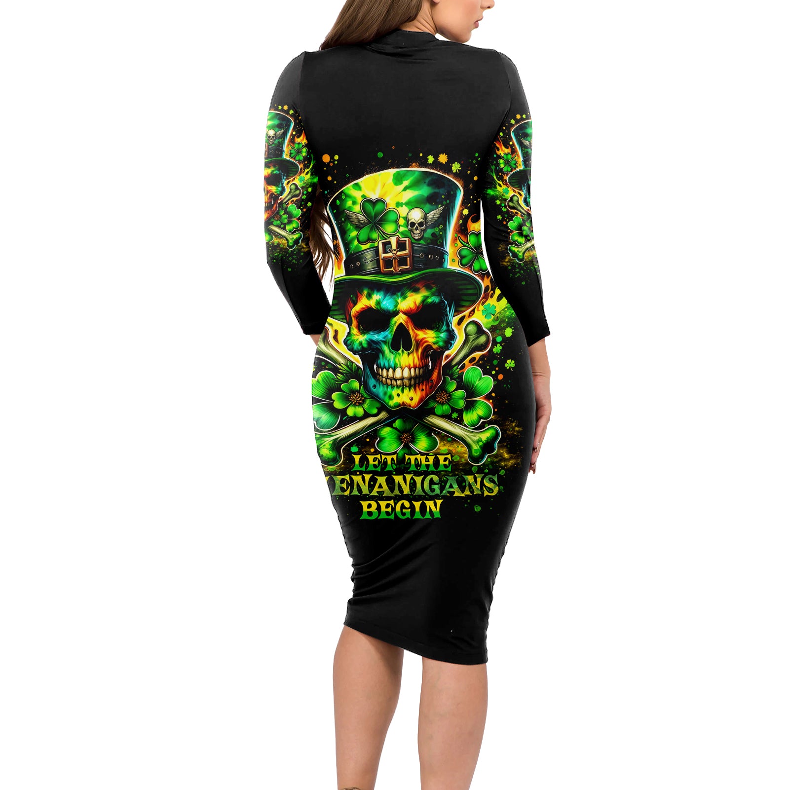 Irish Skull Long Sleeve Bodycon Dress Let The Shenanigans Begin