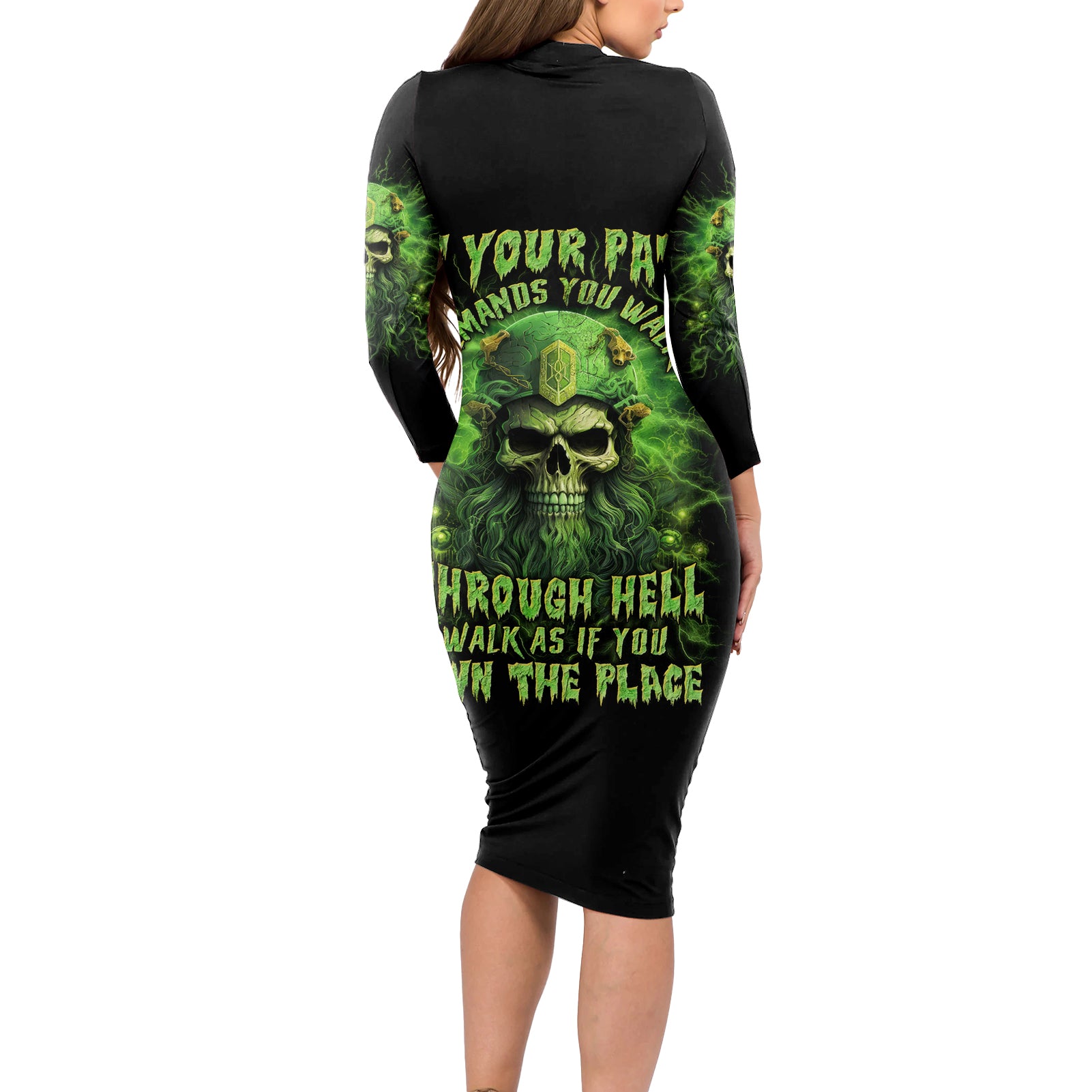 Viking Skull Long Sleeve Bodycon Dress If Your Path Demnads You Walk Through Hell Walk As If You Own The Place