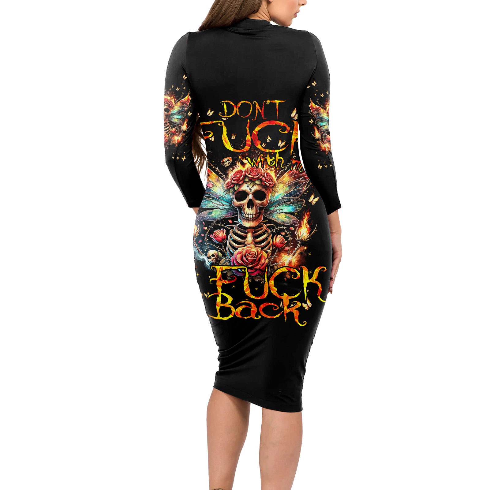 Fairy Skull Long Sleeve Bodycon Dress Don't Fuck With Me I Fuck Back