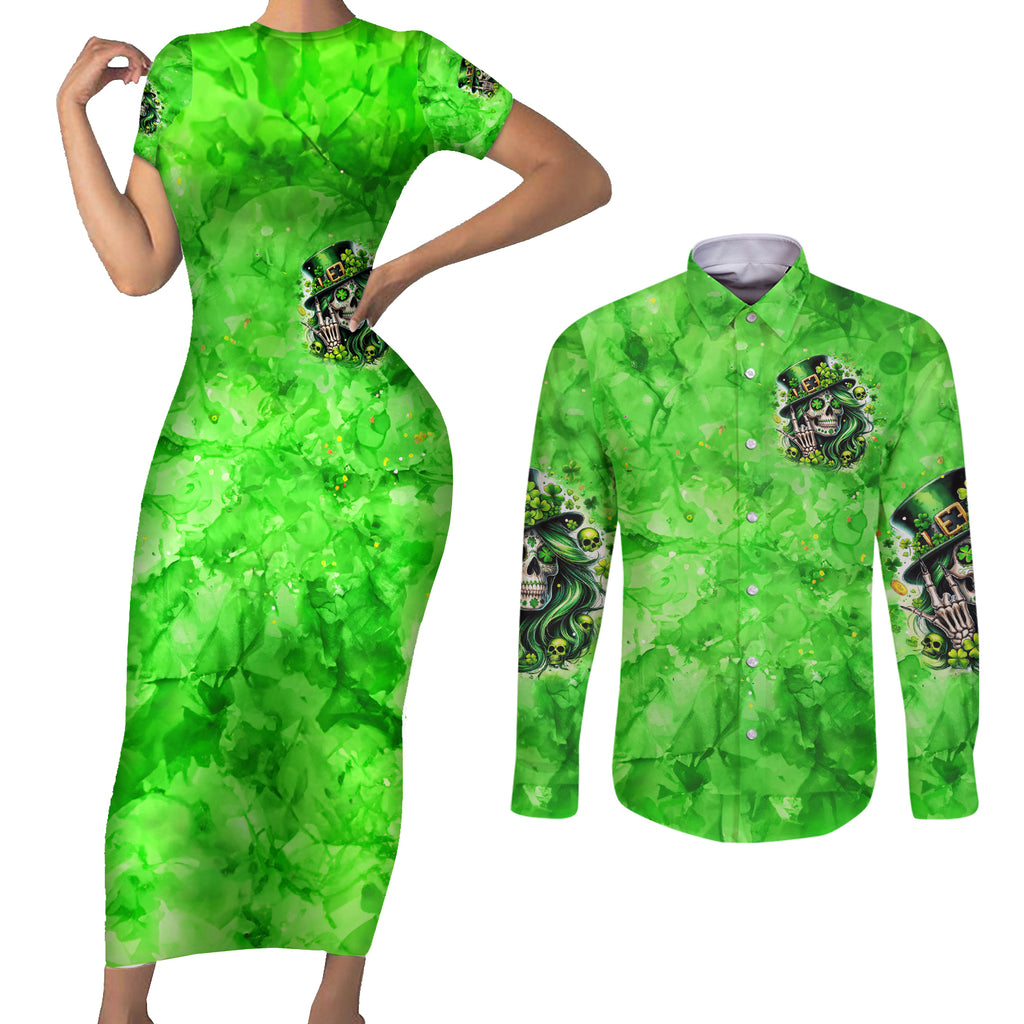 Irish Skull Couples Matching Short Sleeve Bodycon Dress and Long Sleeve Button Shirt Shamrock And Roll
