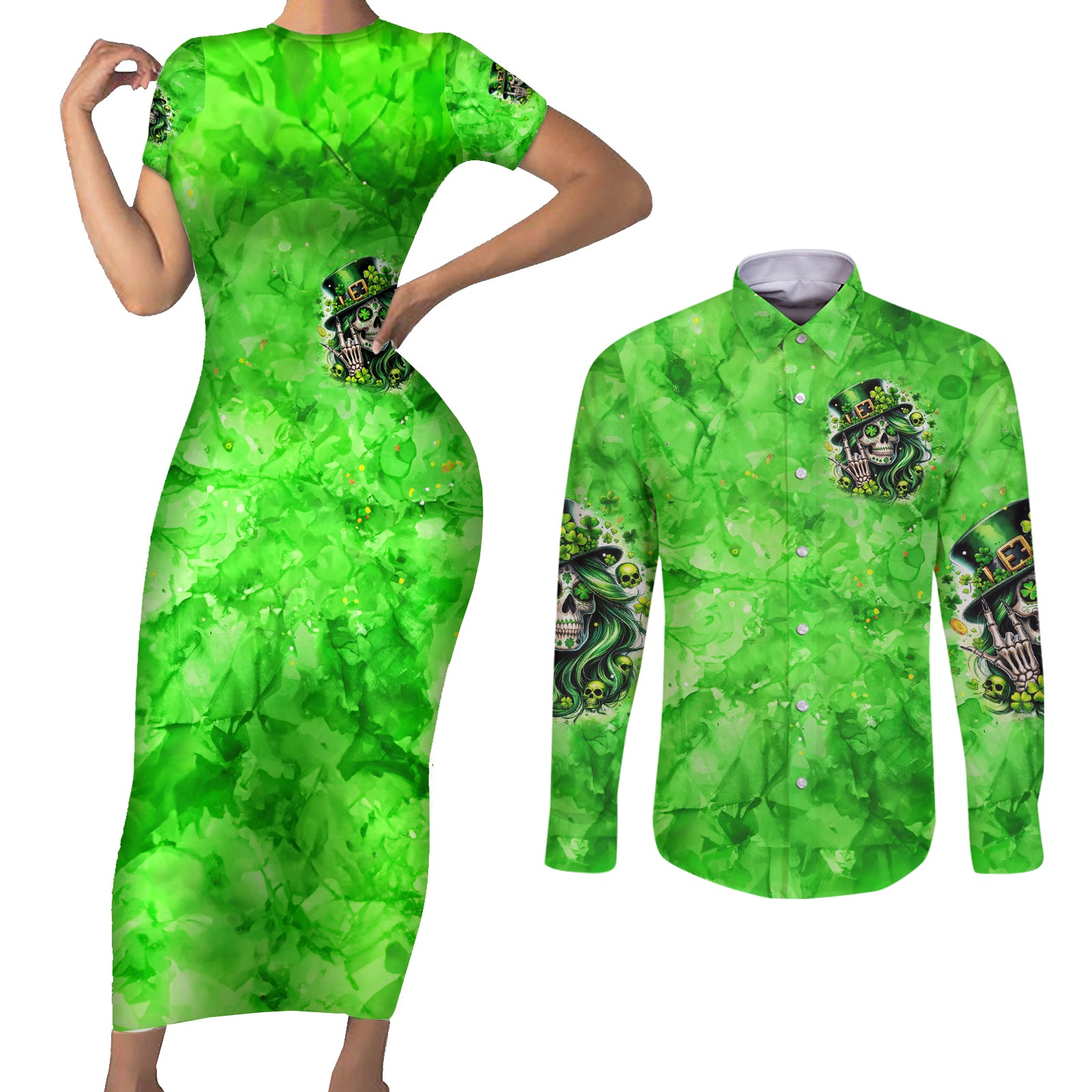 Irish Skull Couples Matching Short Sleeve Bodycon Dress and Long Sleeve Button Shirt Shamrock And Roll