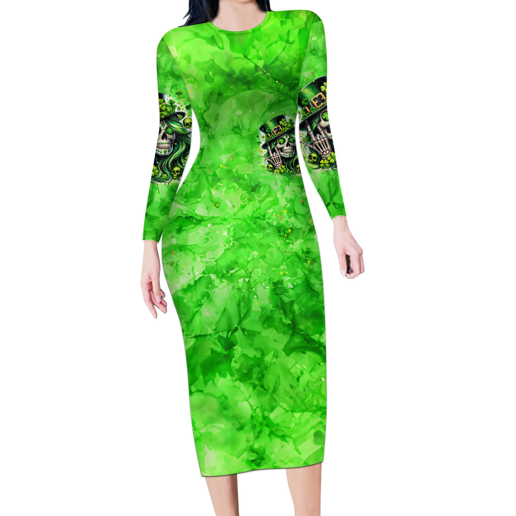 Irish Skull Long Sleeve Bodycon Dress Shamrock And Roll