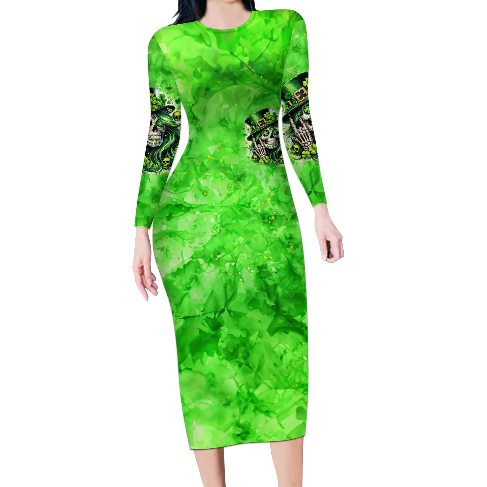 Irish Skull Long Sleeve Bodycon Dress Shamrock And Roll