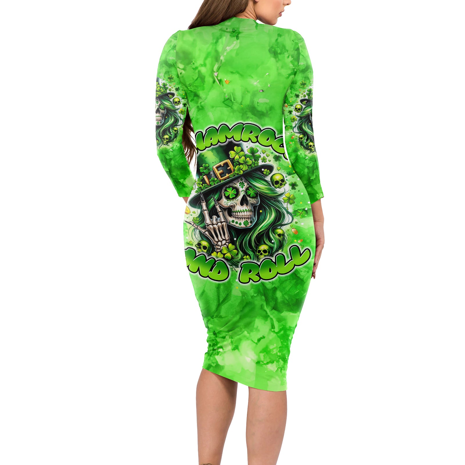 Irish Skull Long Sleeve Bodycon Dress Shamrock And Roll