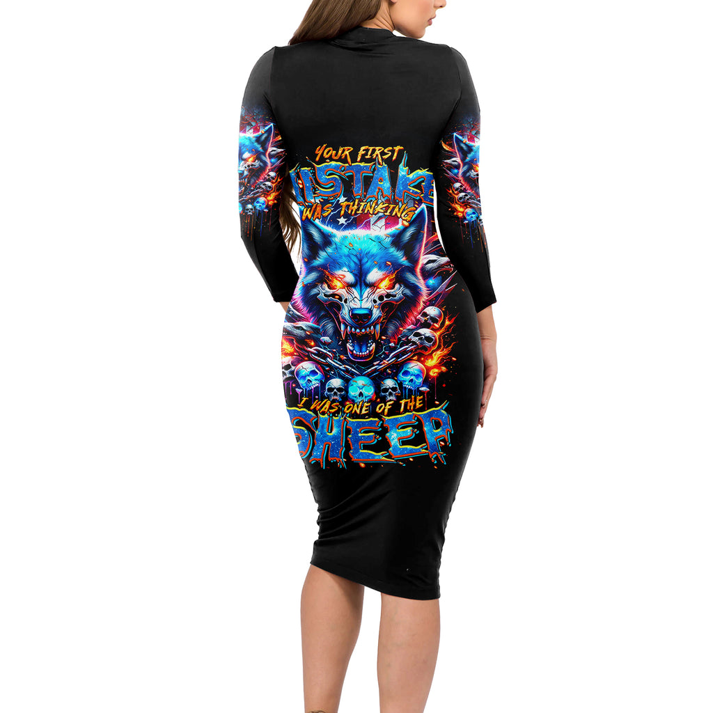 Wolf Skull Long Sleeve Bodycon Dress Your First Mistake Was Thinking I was One Of The Sheep