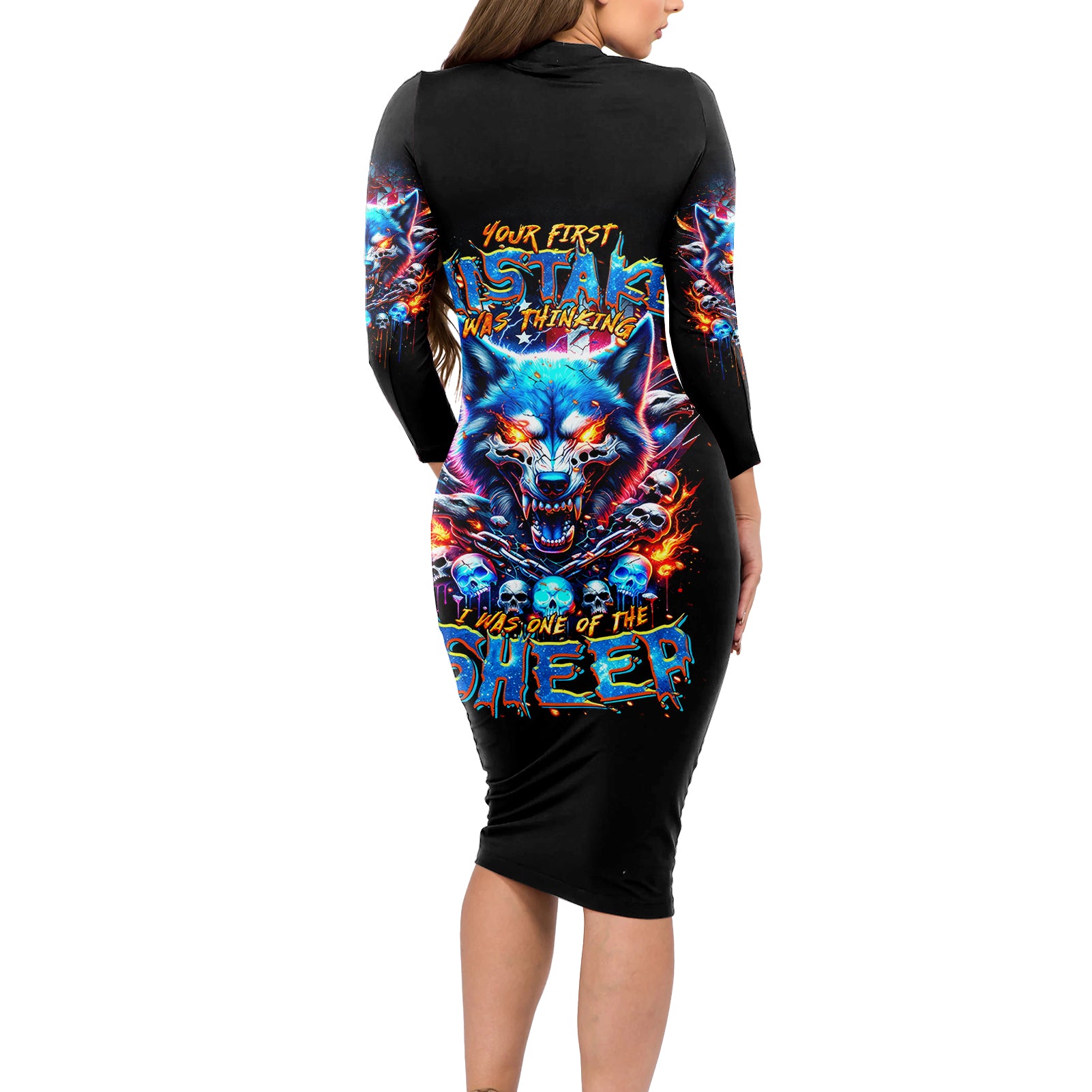 Wolf Skull Long Sleeve Bodycon Dress Your First Mistake Was Thinking I was One Of The Sheep