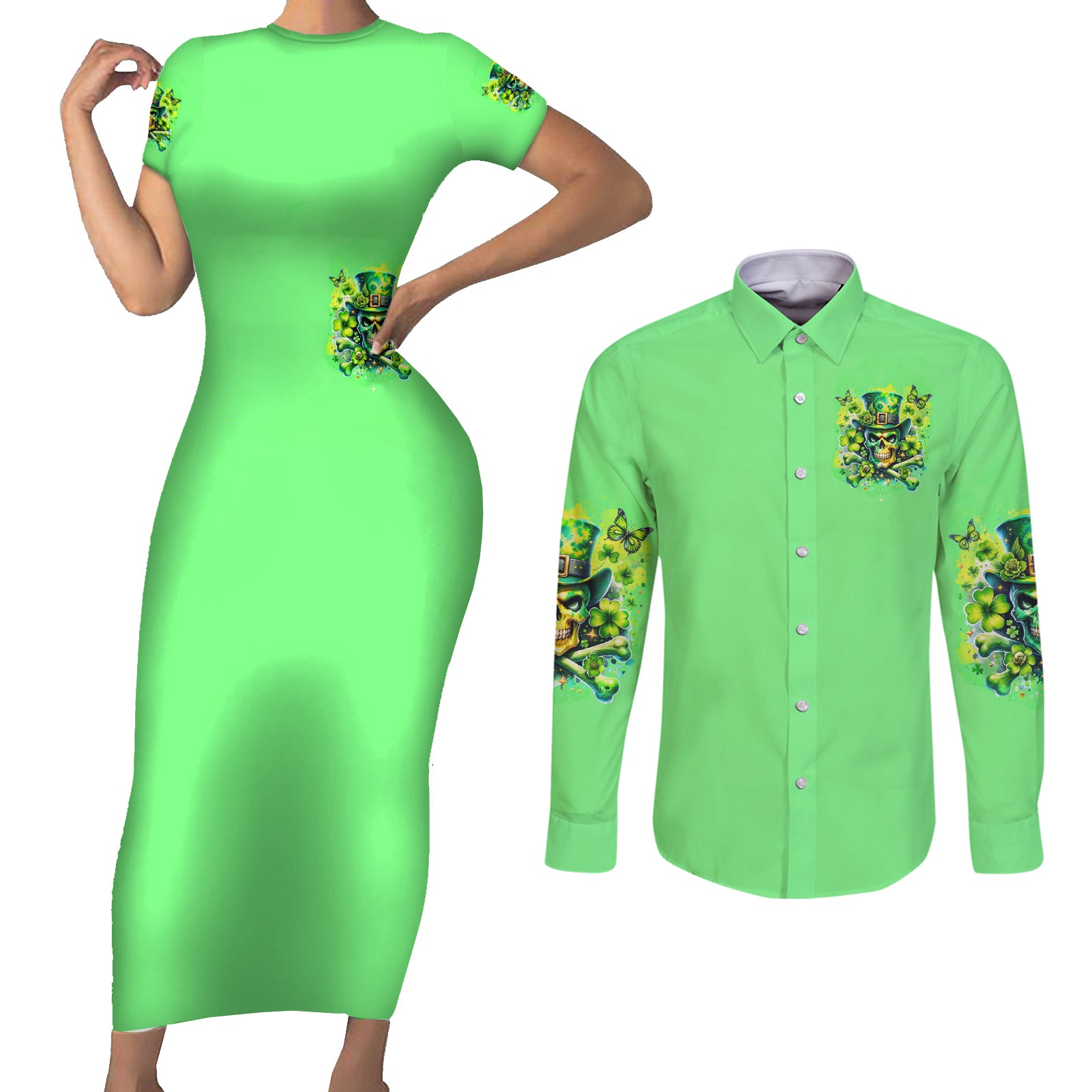 Irish Skull Couples Matching Short Sleeve Bodycon Dress and Long Sleeve Button Shirt I'm Not Anti Social I'm Just Not User Friendly