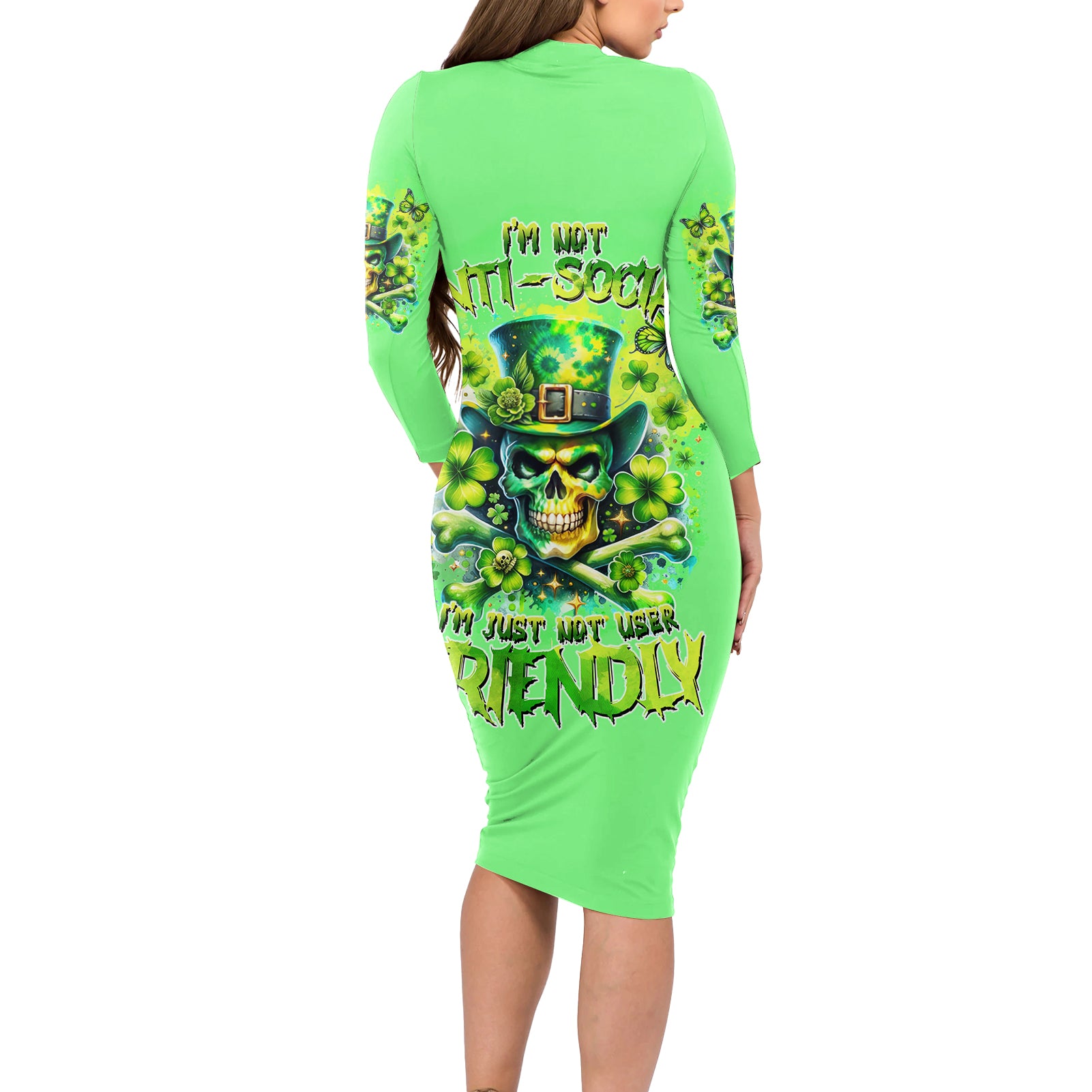 Irish Skull Long Sleeve Bodycon Dress I'm Not Anti Social I'm Just Not User Friendly