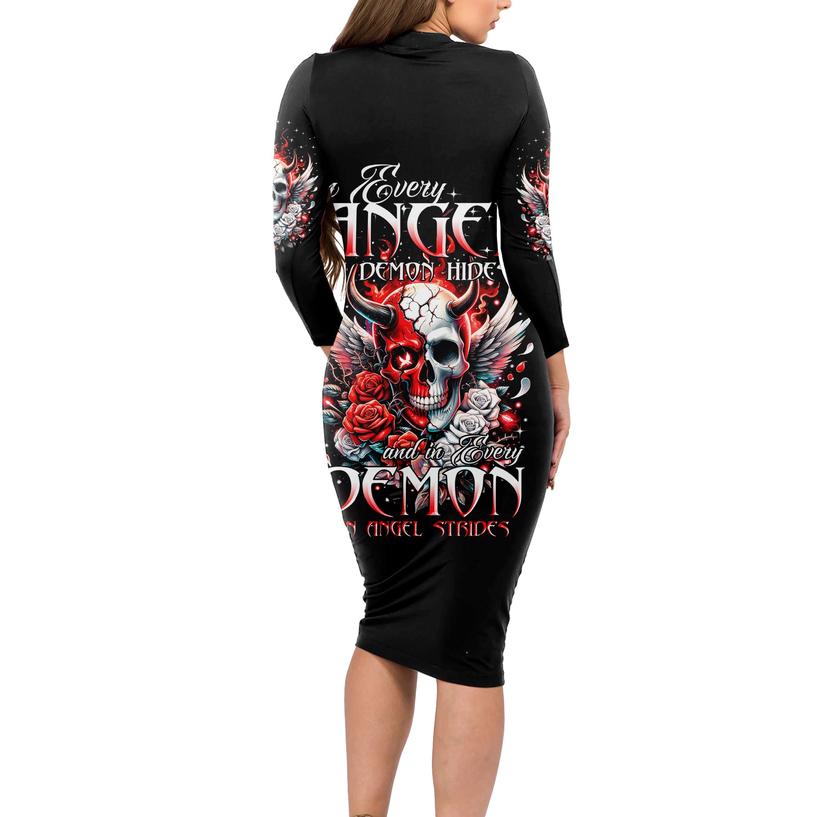 Devil Skull Long Sleeve Bodycon Dress In Every Angel A Demon Hides And In Every Demon An Angel Strides