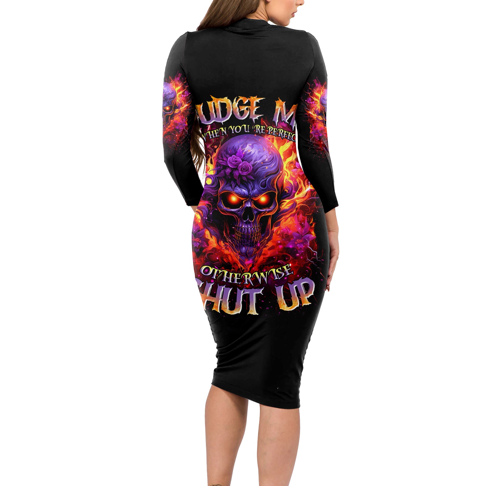 Flame Skull Long Sleeve Bodycon Dress Judge Me When You Reperfect Otherwise Shut Up