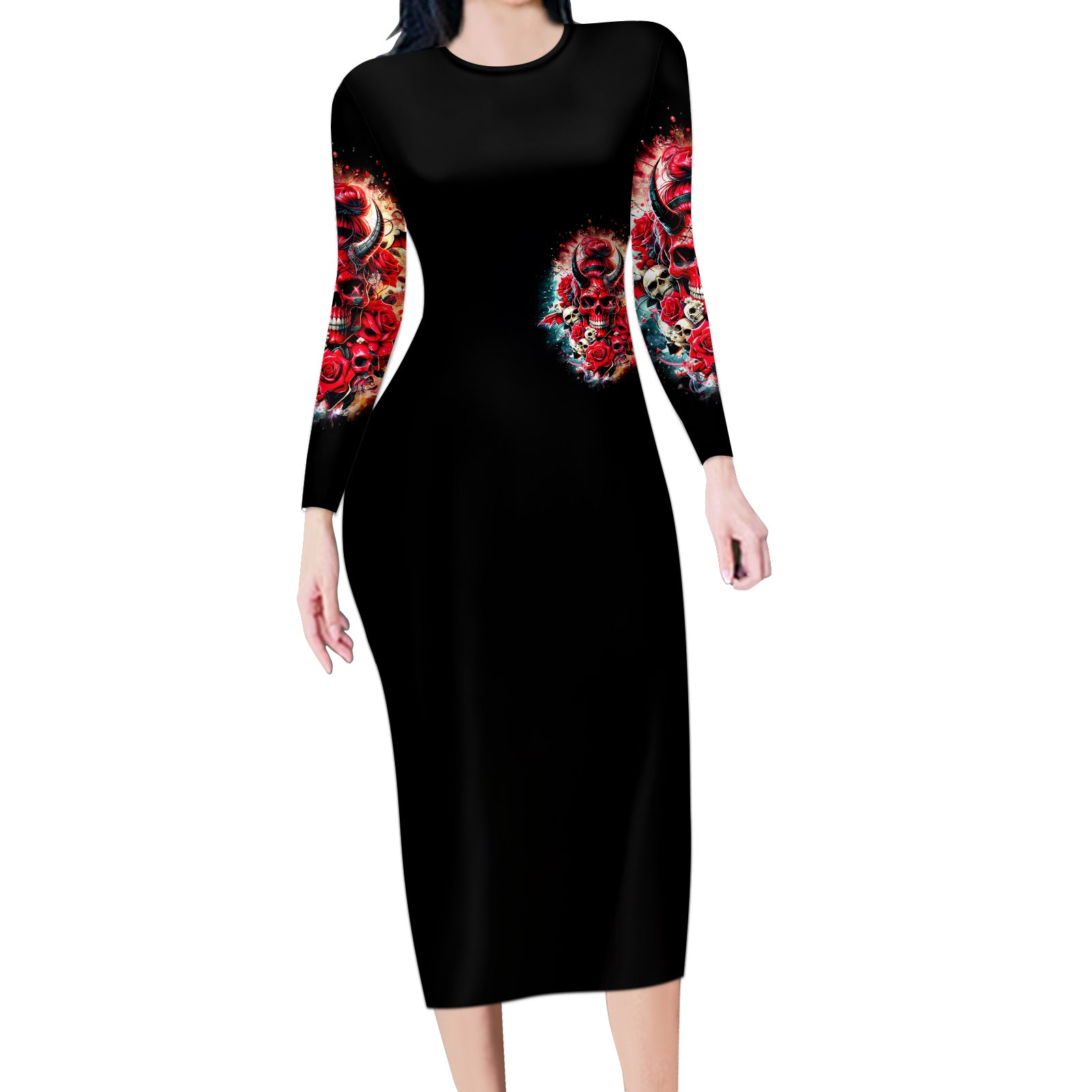 Devil Skull Long Sleeve Bodycon Dress Stuck Between IDK IDC and IDGAF