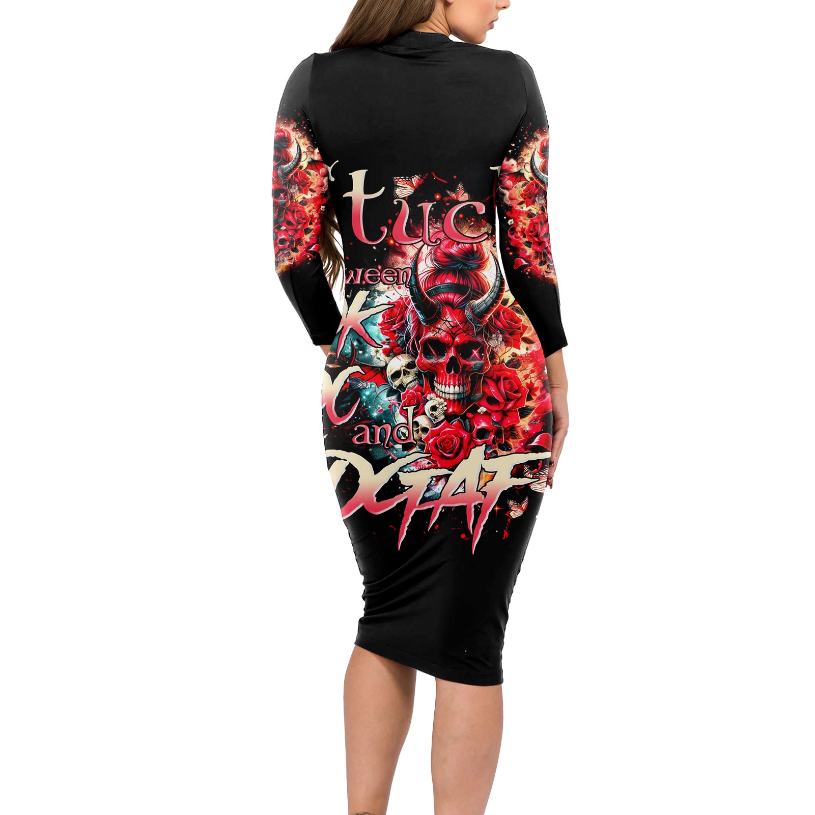 Devil Skull Long Sleeve Bodycon Dress Stuck Between IDK IDC and IDGAF