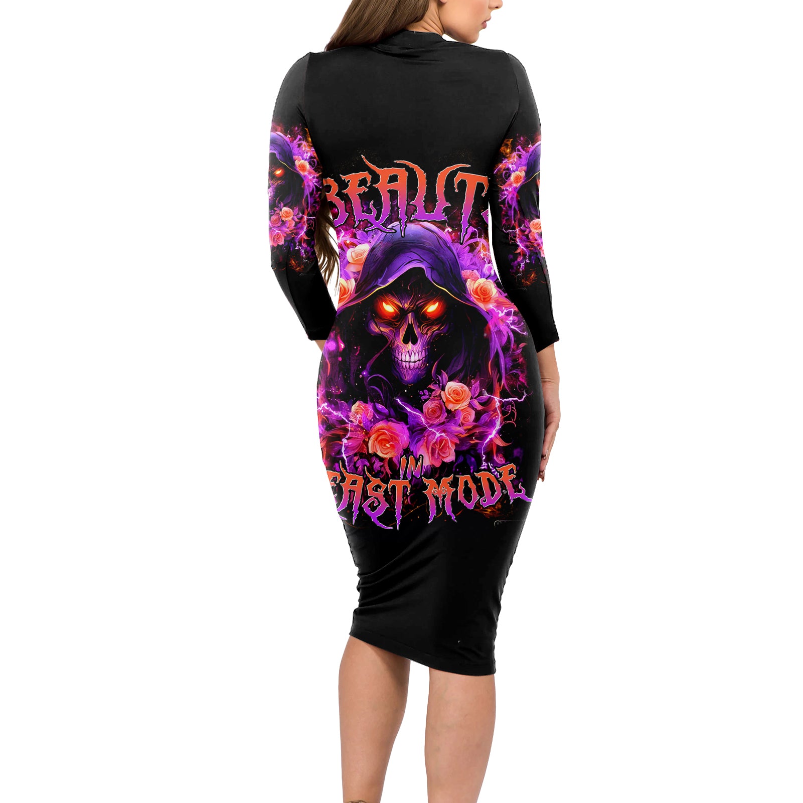 Rose Skull Long Sleeve Bodycon Dress Beasuty In Beast Mode