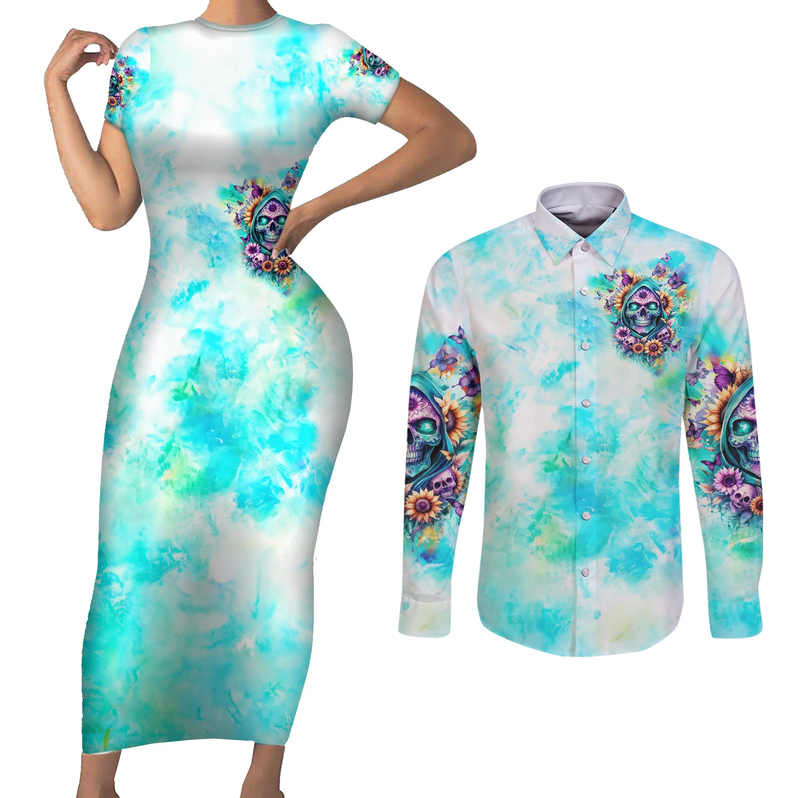 Flower Skull Couples Matching Short Sleeve Bodycon Dress and Long Sleeve Button Shirt She Is Sunshine Mixed With A Little Hurricane