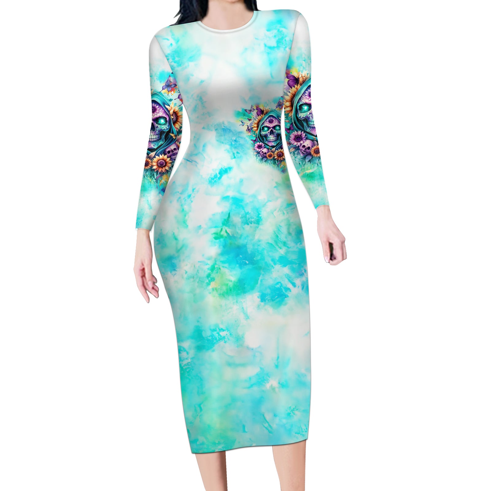Flower Skull Long Sleeve Bodycon Dress She Is Sunshine Mixed With A Little Hurricane