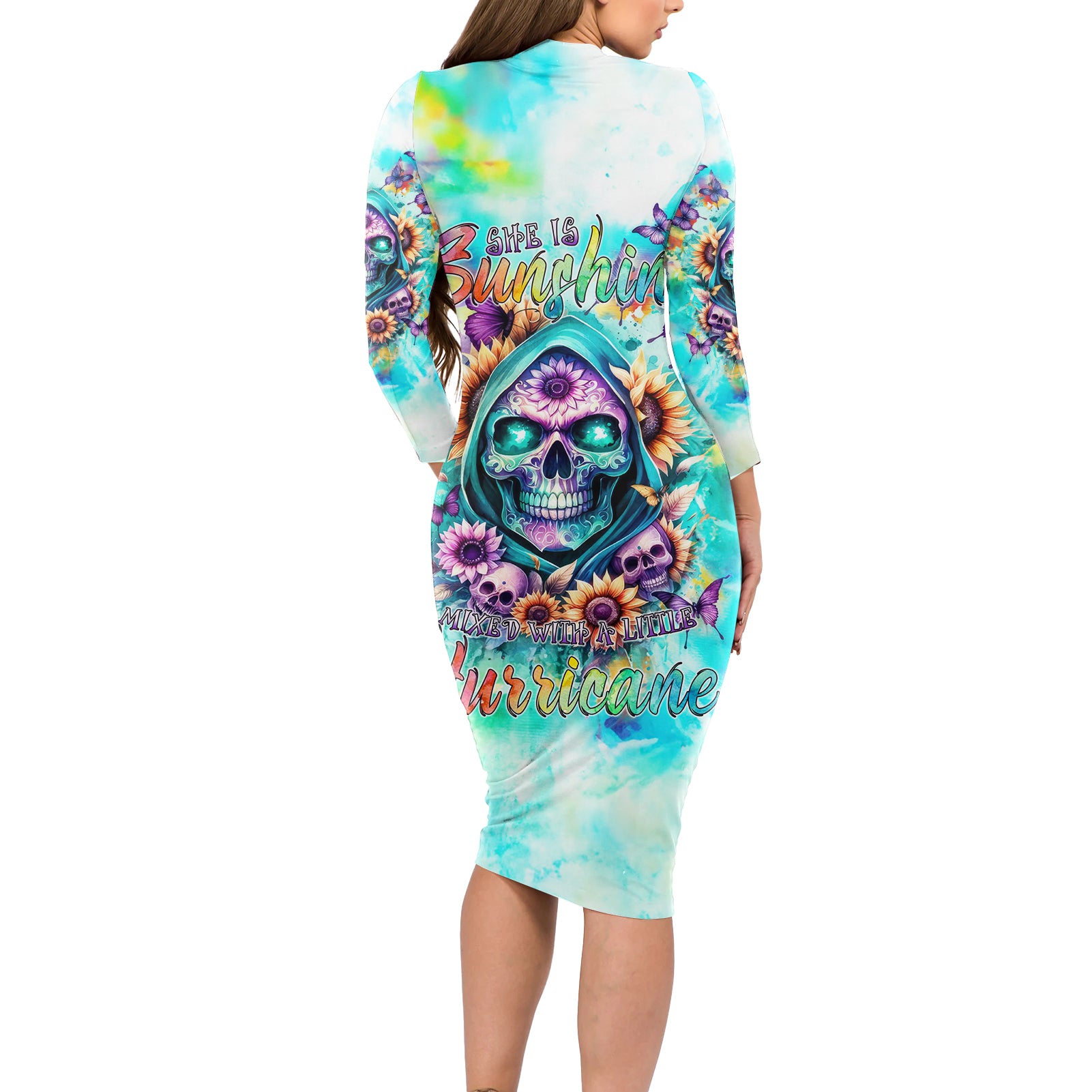 Flower Skull Long Sleeve Bodycon Dress She Is Sunshine Mixed With A Little Hurricane