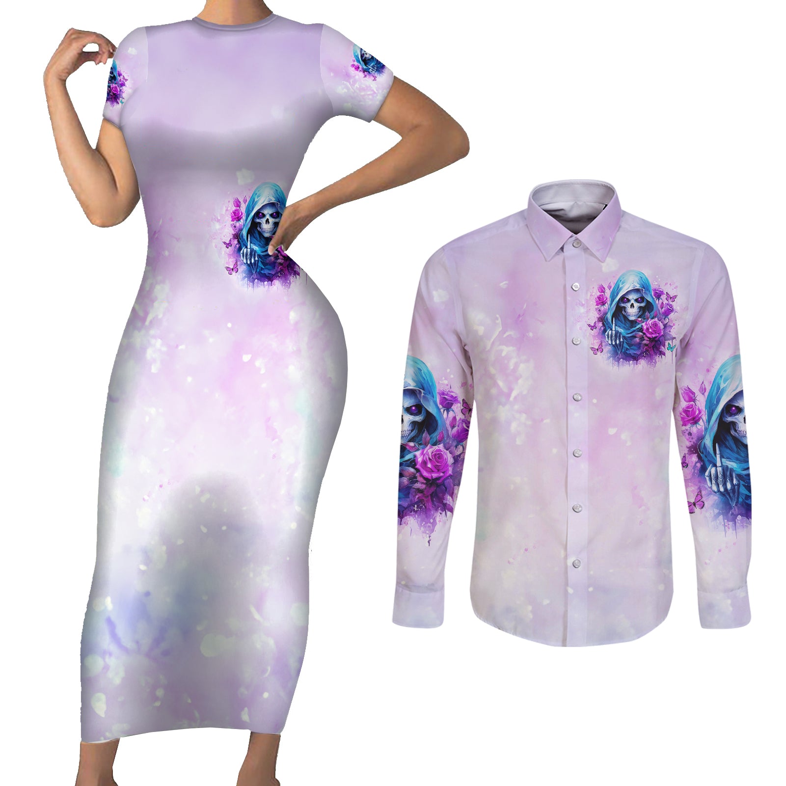Rose Skull Couples Matching Short Sleeve Bodycon Dress and Long Sleeve Button Shirt I'm Not Always A Bitch Just Kidding Go Fuck Yourself
