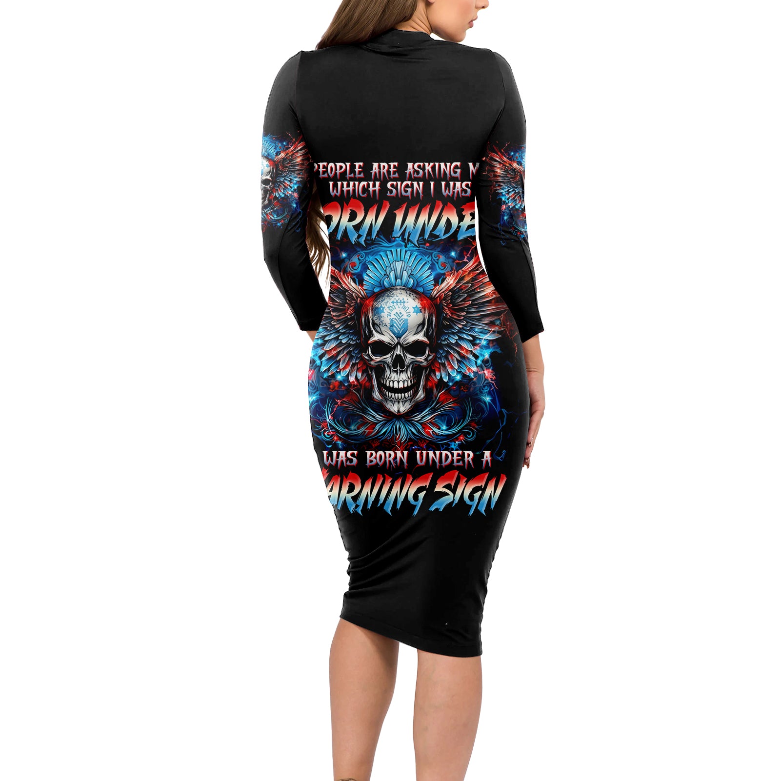 Wings Skull Long Sleeve Bodycon Dress People Are Asking Me Which Sign I was Born Under I Was Born Under A Warning Sigh