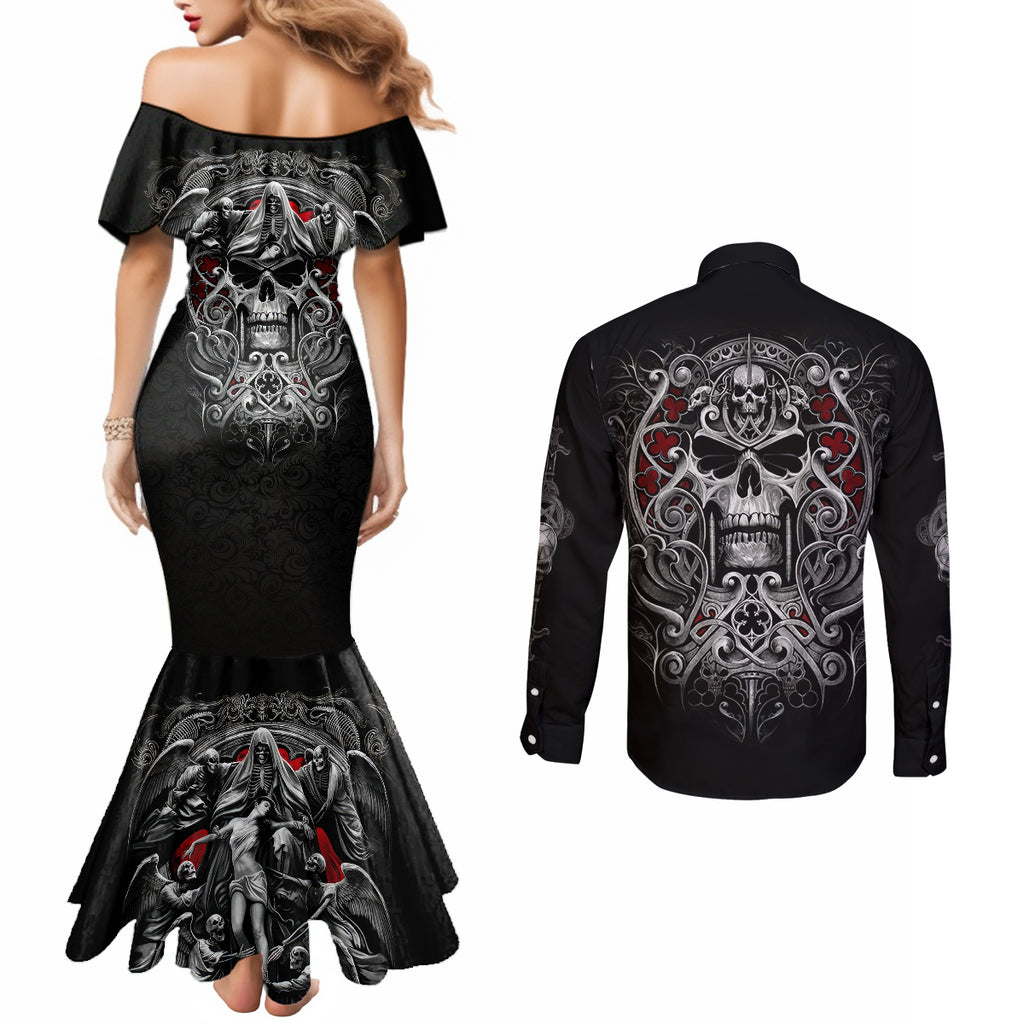 skull-couples-matching-mermaid-dress-and-long-sleeve-button-shirts-ethereal-reapers-skull-faced-death-angels