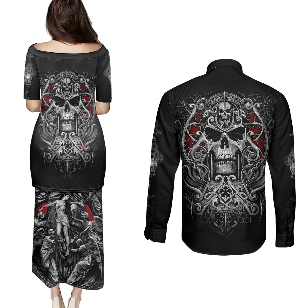 skull-couples-matching-puletasi-dress-and-long-sleeve-button-shirts-ethereal-reapers-skull-faced-death-angels