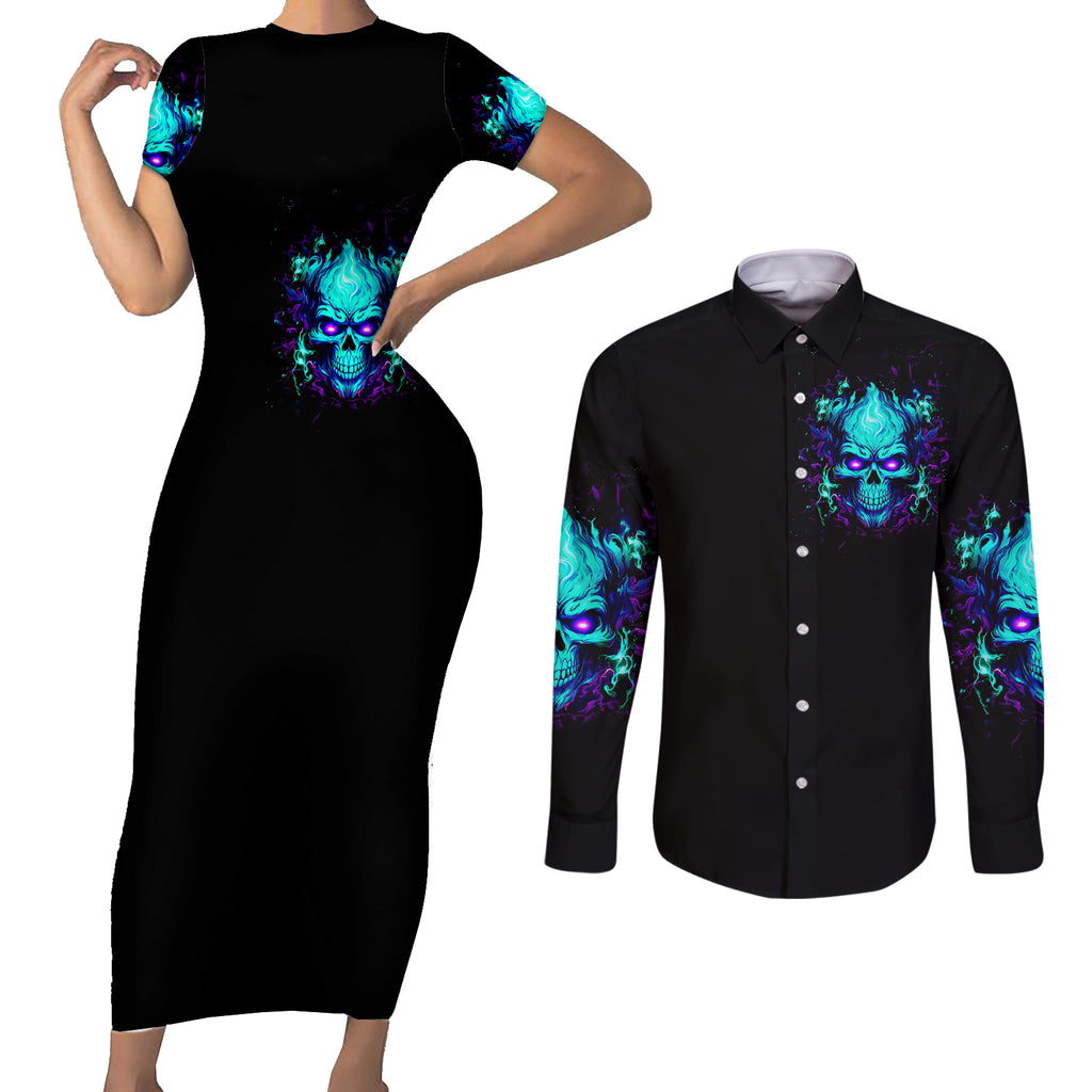 flame-skull-couples-matching-short-sleeve-bodycon-dress-and-long-sleeve-button-shirts-im-never-alone-my-demons-with-me-247