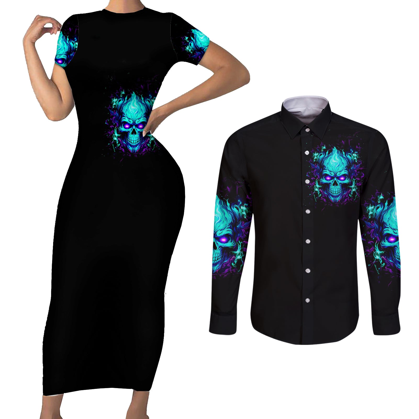 flame-skull-couples-matching-short-sleeve-bodycon-dress-and-long-sleeve-button-shirts-im-never-alone-my-demons-with-me-247