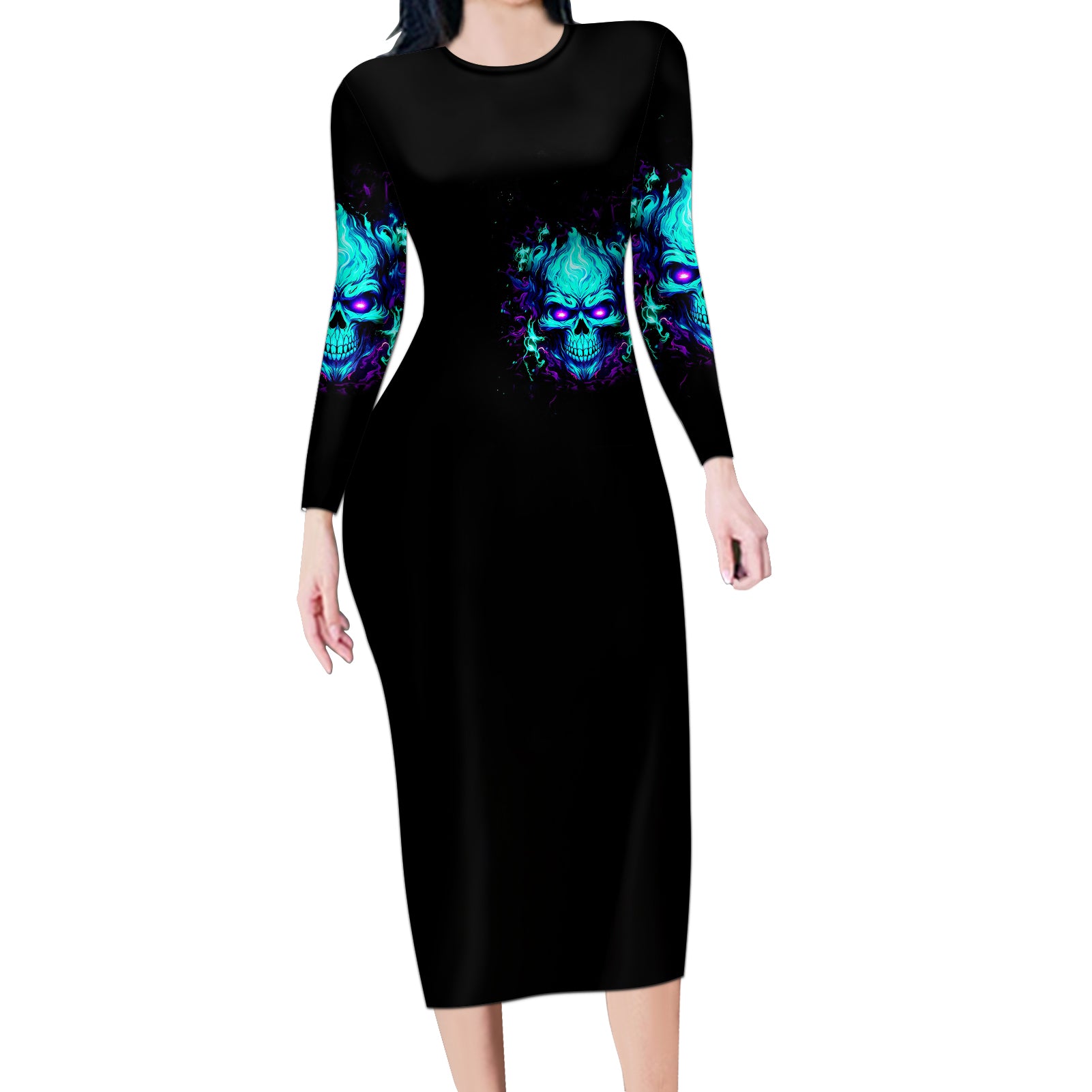 flame-skull-long-sleeve-bodycon-dress-im-never-alone-my-demons-with-me-247