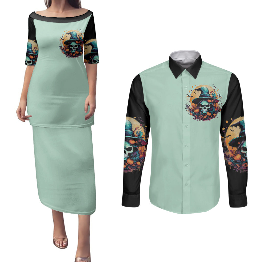 witch-skull-couples-matching-puletasi-dress-and-long-sleeve-button-shirts-buckle-up-buttercup-you-just-flipped-my-witch-switch