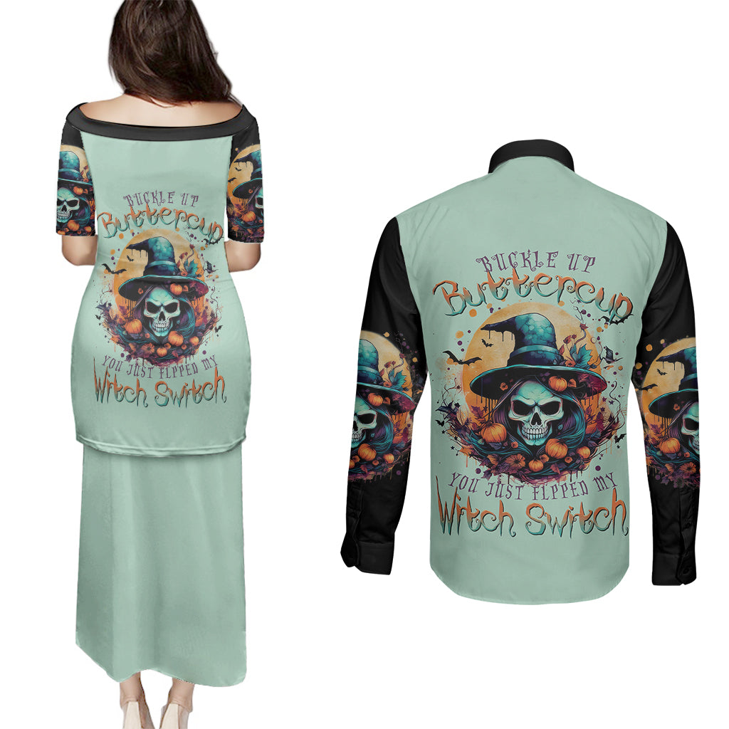 witch-skull-couples-matching-puletasi-dress-and-long-sleeve-button-shirts-buckle-up-buttercup-you-just-flipped-my-witch-switch