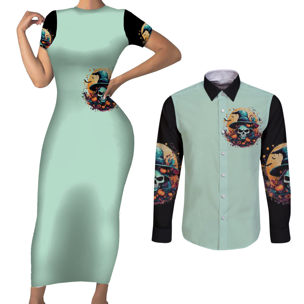 witch-skull-couples-matching-short-sleeve-bodycon-dress-and-long-sleeve-button-shirts-buckle-up-buttercup-you-just-flipped-my-witch-switch