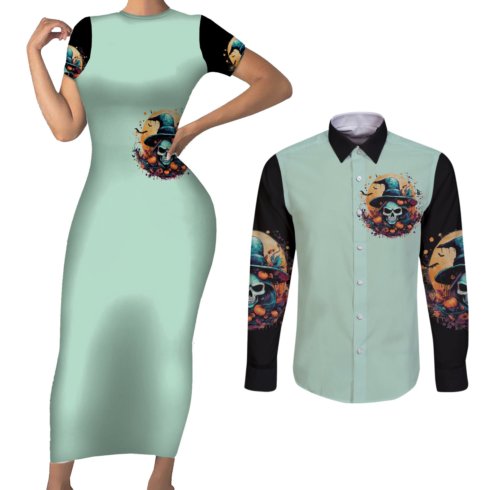 witch-skull-couples-matching-short-sleeve-bodycon-dress-and-long-sleeve-button-shirts-buckle-up-buttercup-you-just-flipped-my-witch-switch