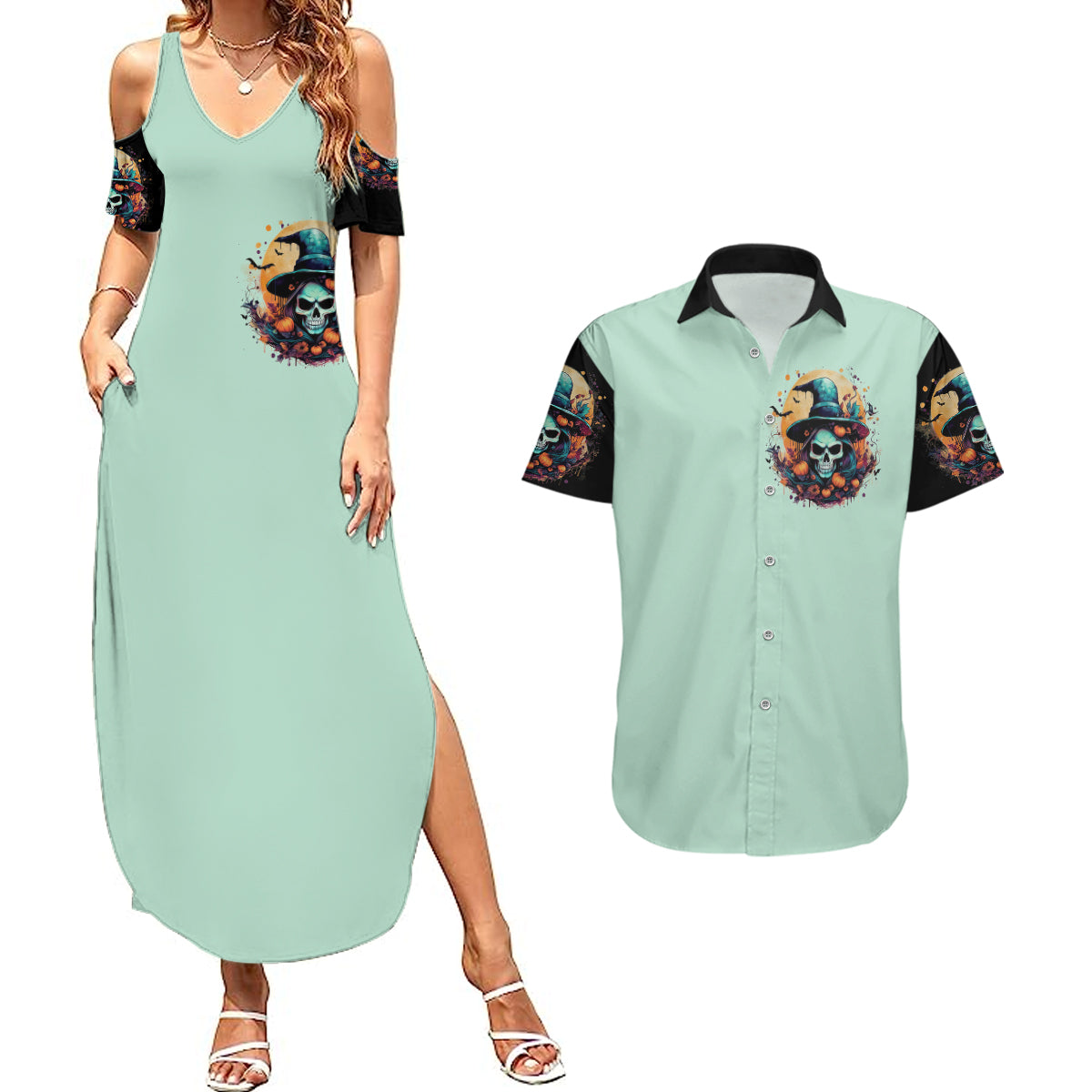 witch-skull-couples-matching-summer-maxi-dress-and-hawaiian-shirt-buckle-up-buttercup-you-just-flipped-my-witch-switch
