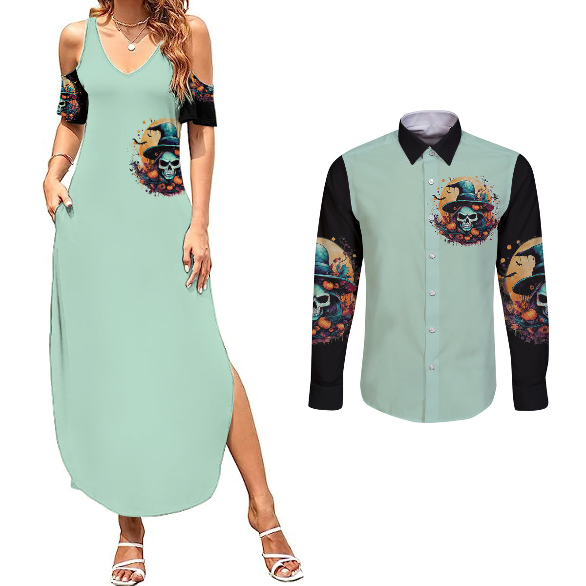 witch-skull-couples-matching-summer-maxi-dress-and-long-sleeve-button-shirts-buckle-up-buttercup-you-just-flipped-my-witch-switch