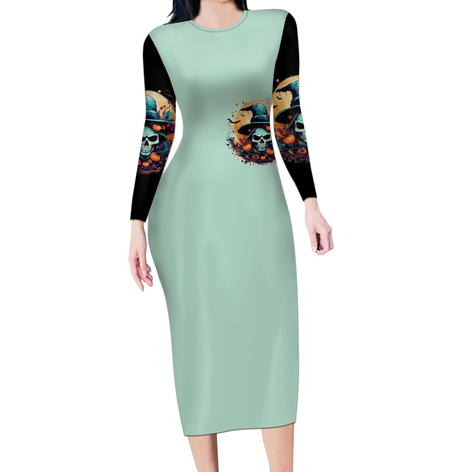 witch-skull-long-sleeve-bodycon-dress-buckle-up-buttercup-you-just-flipped-my-witch-switch