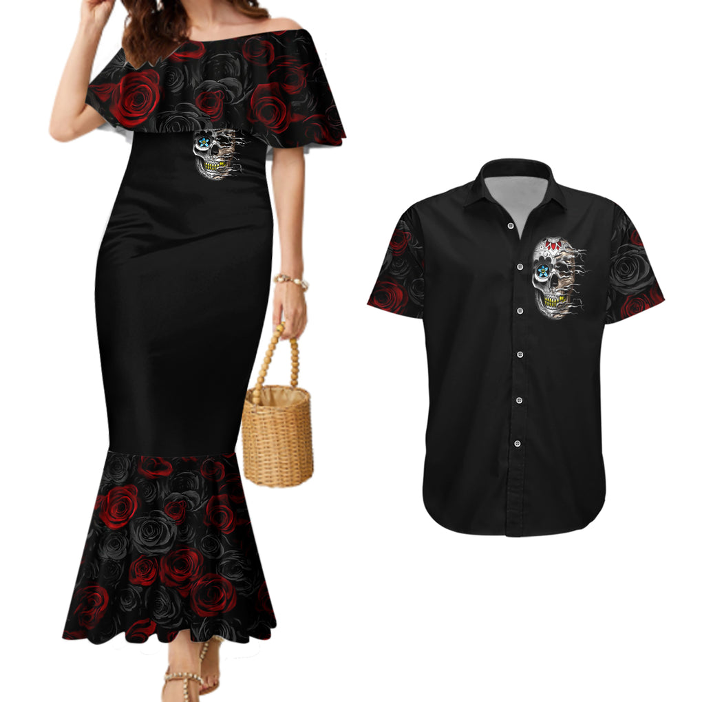 dia-de-muertos-couples-matching-mermaid-dress-and-hawaiian-shirt-day-of-the-death-rose-skull