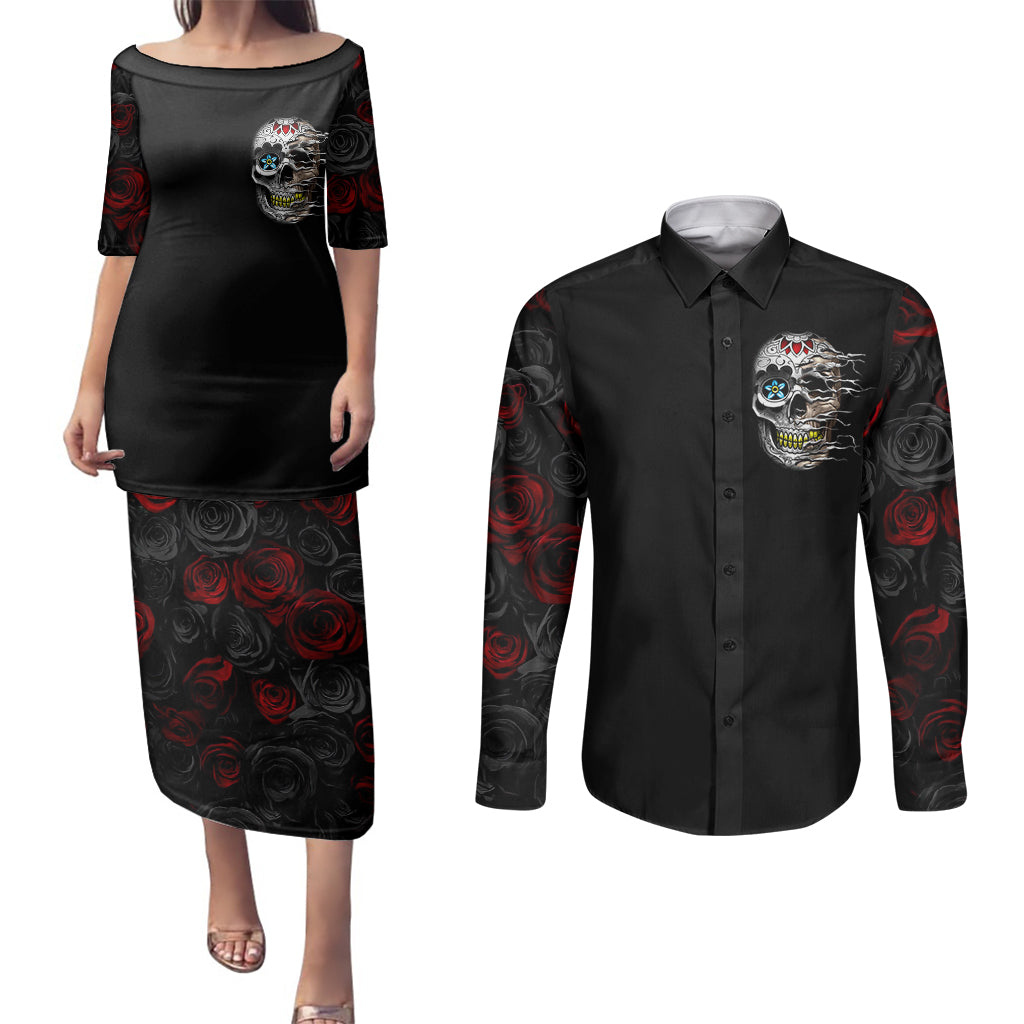 dia-de-muertos-couples-matching-puletasi-dress-and-long-sleeve-button-shirts-day-of-the-death-rose-skull