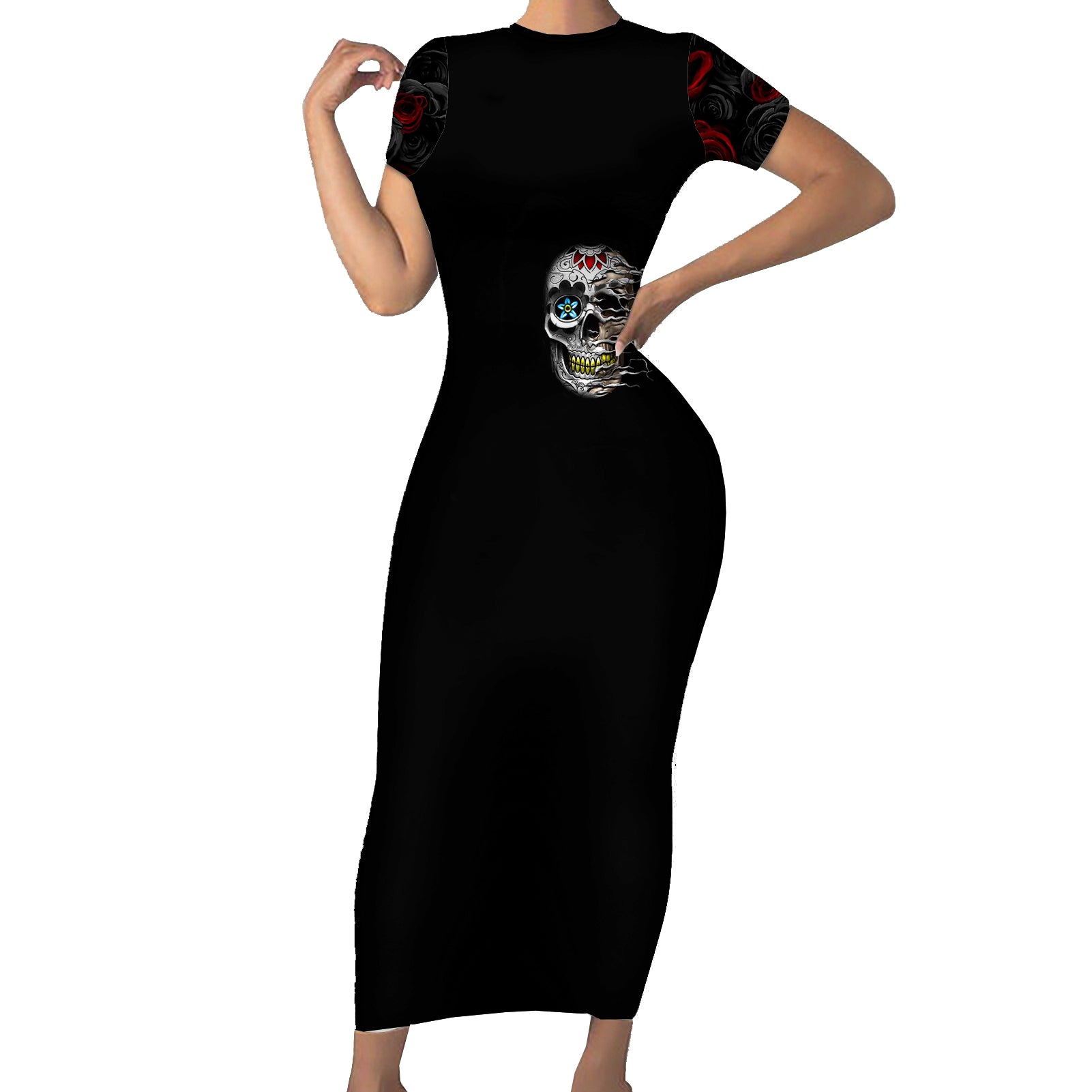dia-de-muertos-short-sleeve-bodycon-dress-day-of-the-death-rose-skull